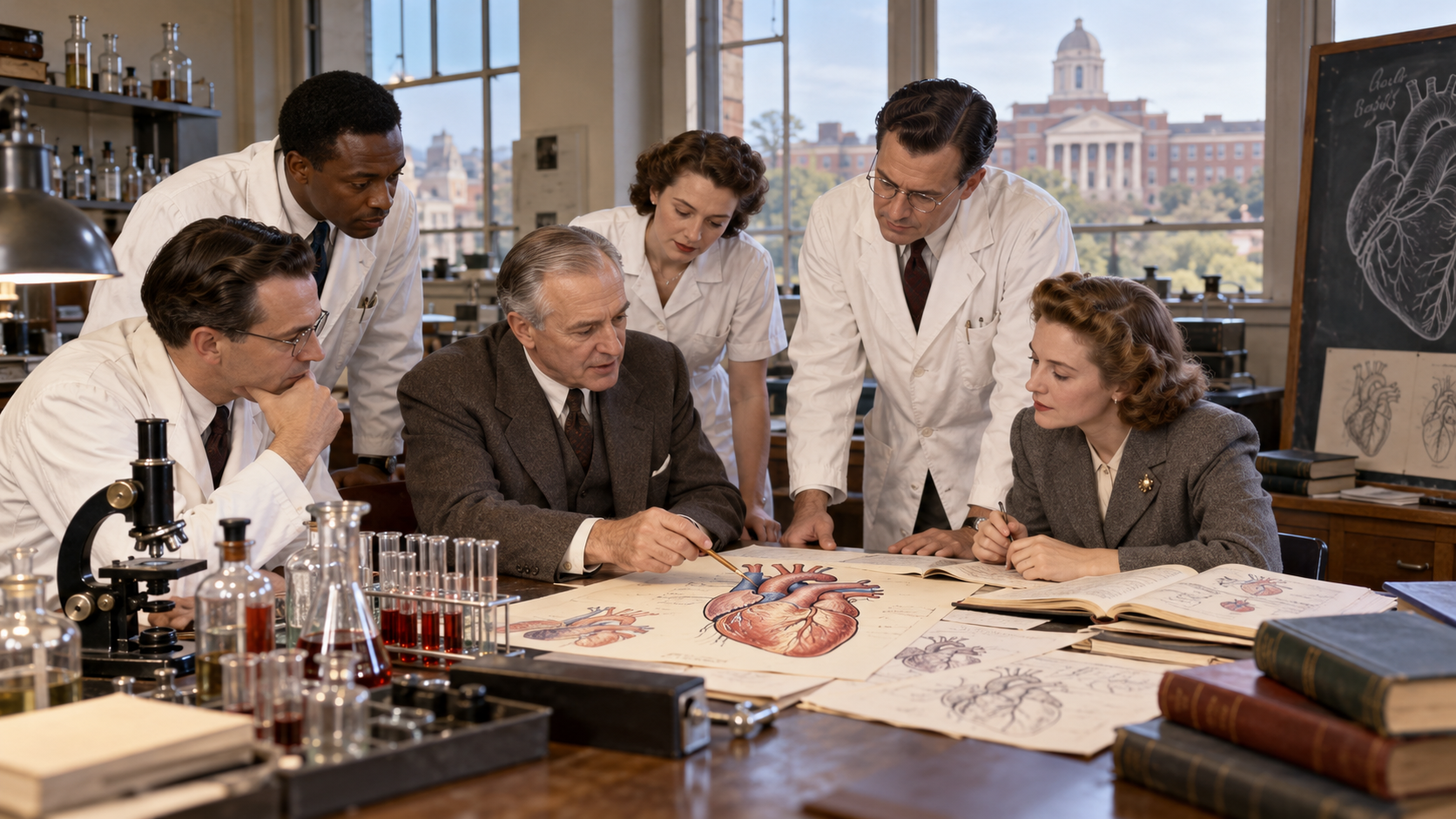 AI-generated reconstruction of scientists beginning work at the National Heart Institute in 1948; not an archival photograph.