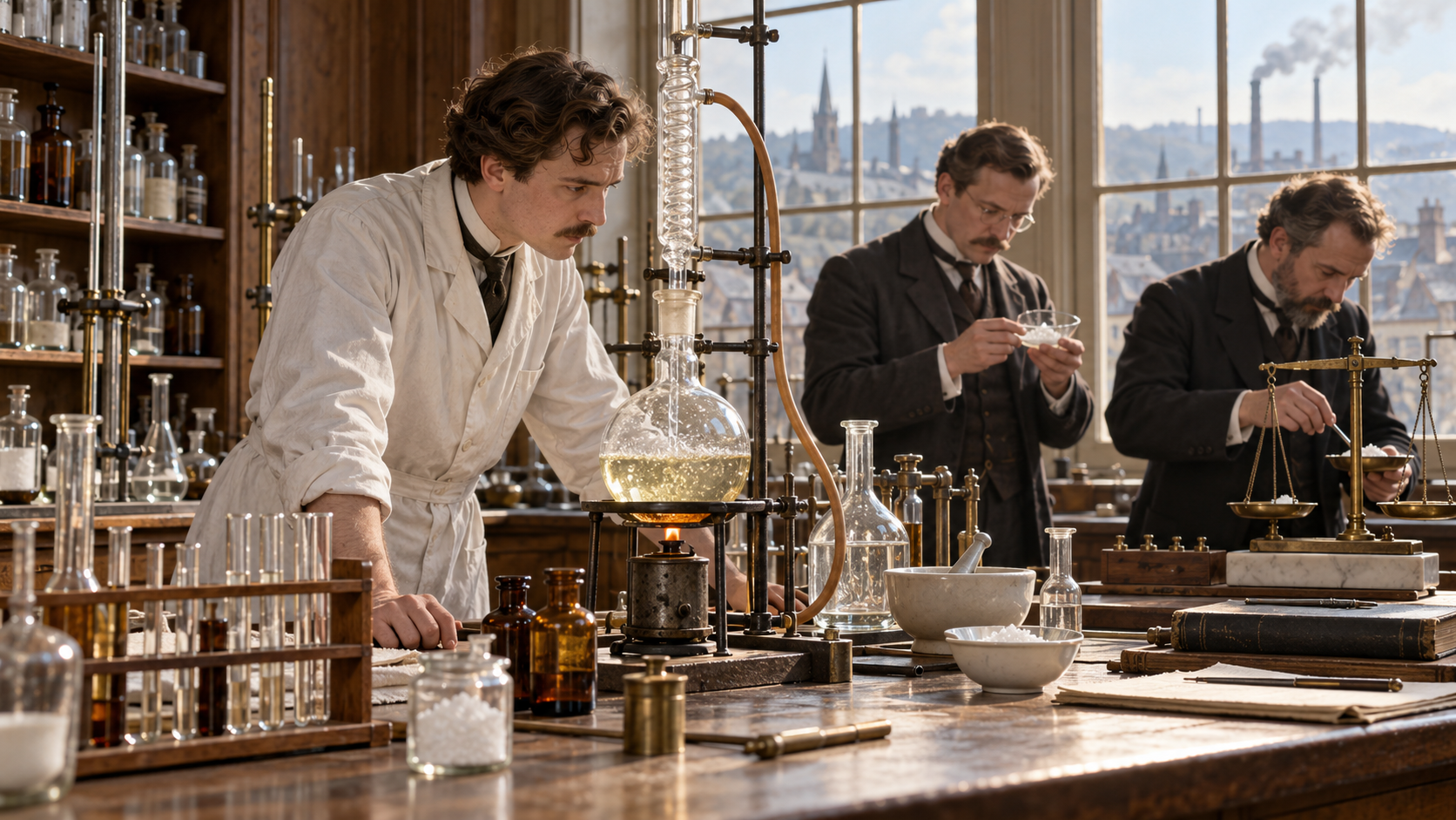 AI-generated reconstruction of late nineteenth-century chemists preparing acetylsalicylic acid; not an archival photograph.