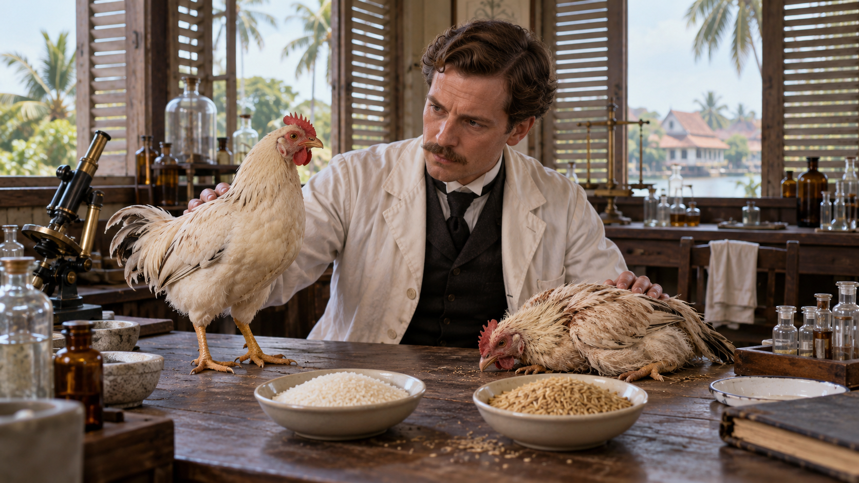 AI-generated reconstruction of Christiaan Eijkman studying chickens at a late-19th-century Batavia laboratory; not an archival photograph.