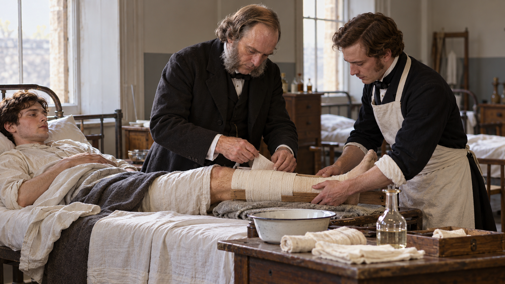 AI-generated reconstruction of Joseph Lister applying an antiseptic dressing in Glasgow Royal Infirmary; not an archival photograph.