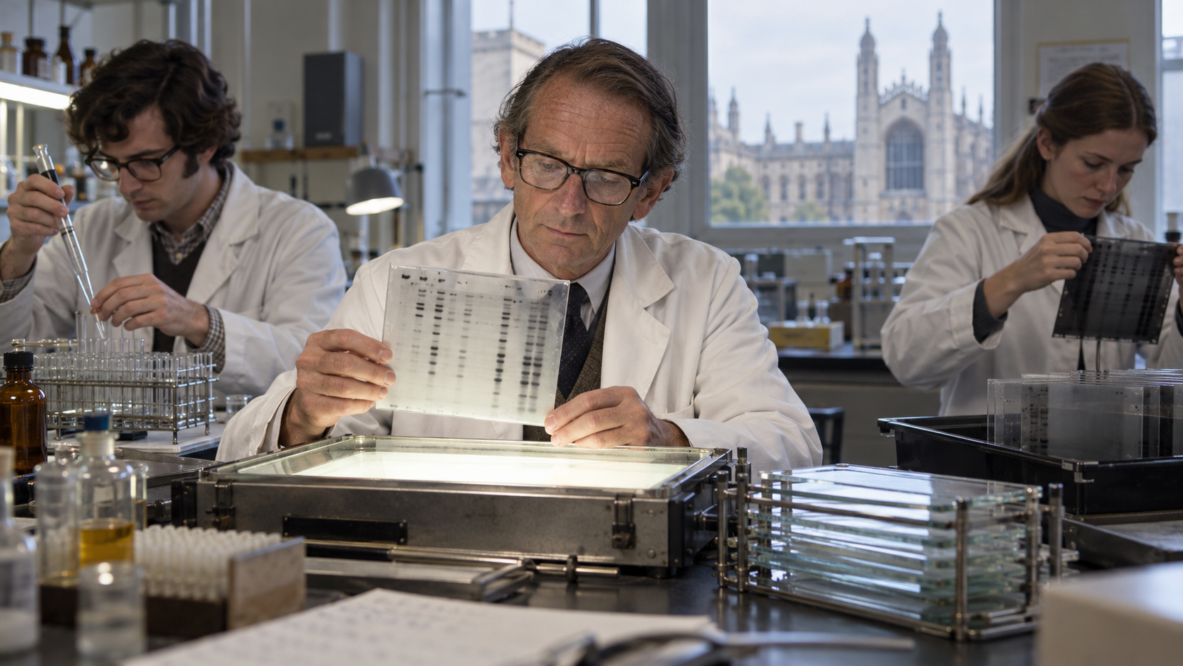 AI-generated reconstruction of Frederick Sanger working with early sequencing apparatus in Cambridge; not an archival photograph.