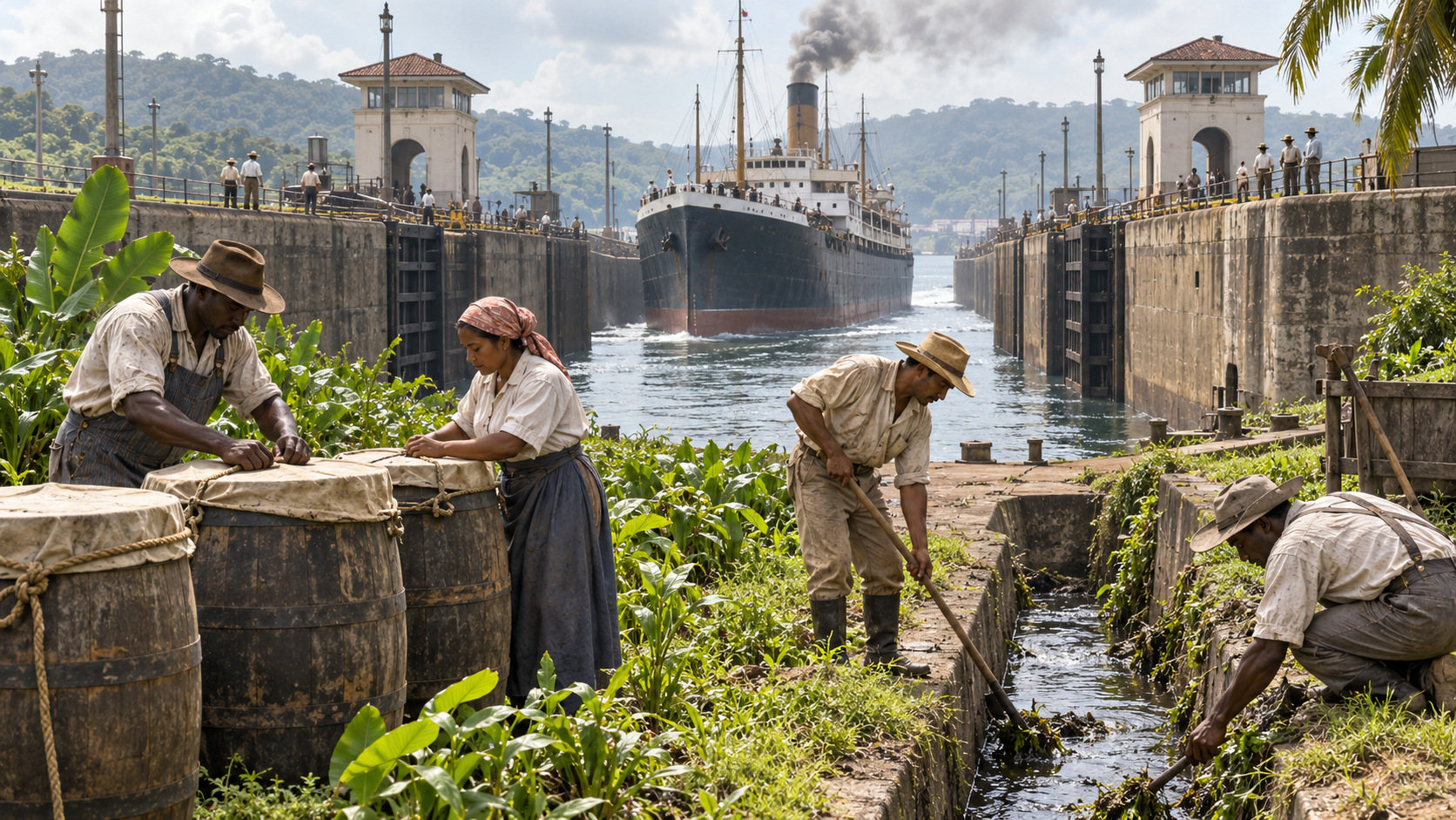 AI-generated reconstruction of health workers controlling mosquitoes near the Panama Canal at its opening; not an archival photograph.