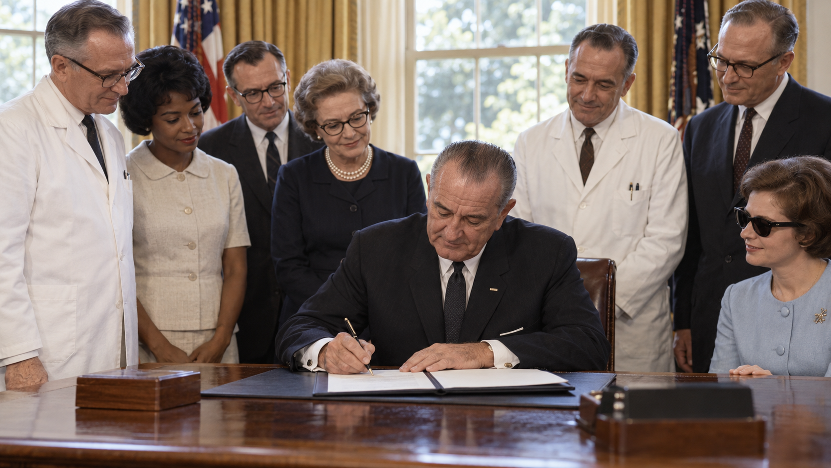 AI-generated reconstruction of the 1968 signing that created the National Eye Institute; not an archival photograph.