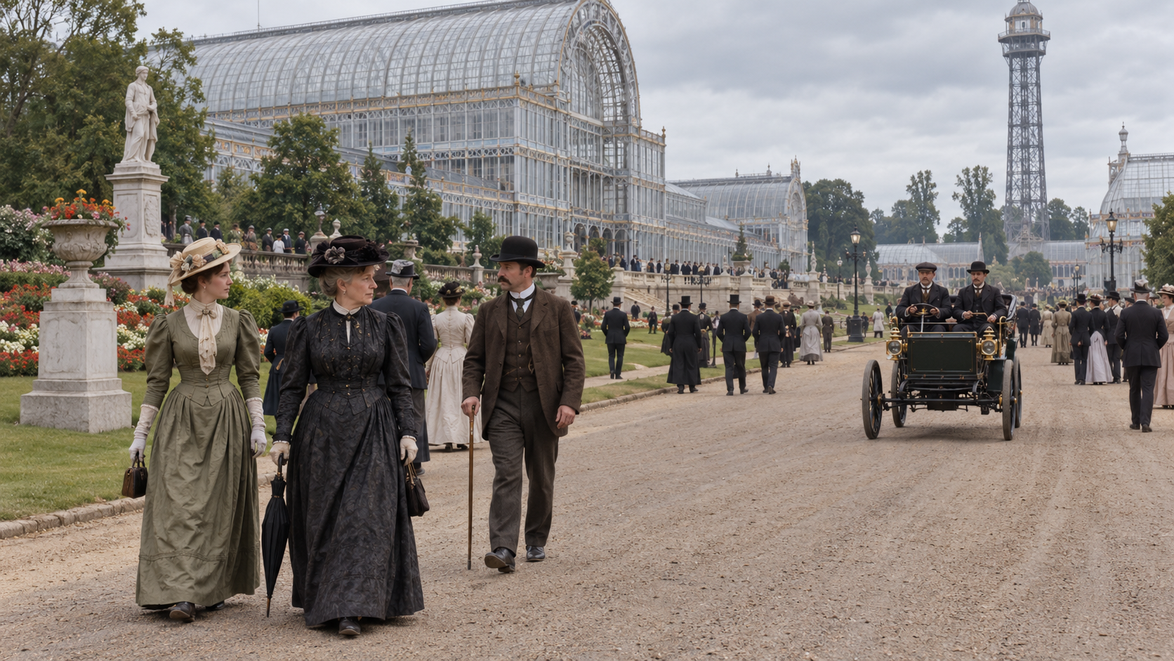 AI-generated reconstruction of the Crystal Palace road scene connected to Bridget Driscoll’s death; not an archival photograph.