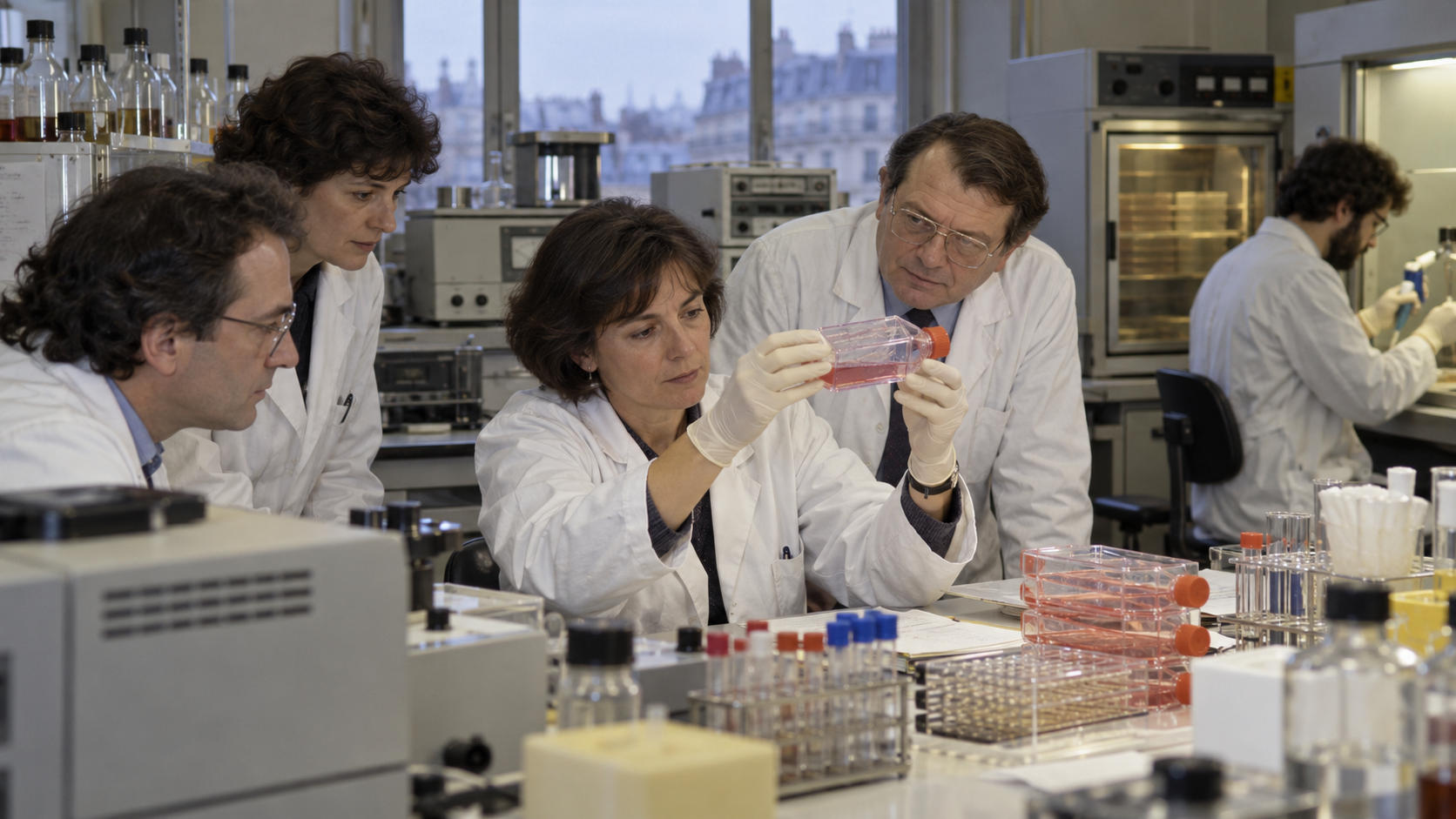 AI-generated reconstruction of the Pasteur Institute team isolating HIV in 1983; not an archival photograph.