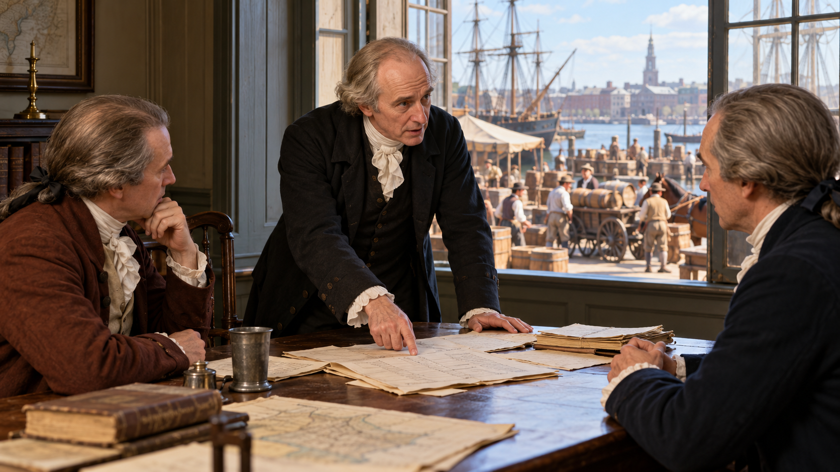 AI-generated reconstruction of Benjamin Rush warning Philadelphia officials about yellow fever; not an archival photograph.