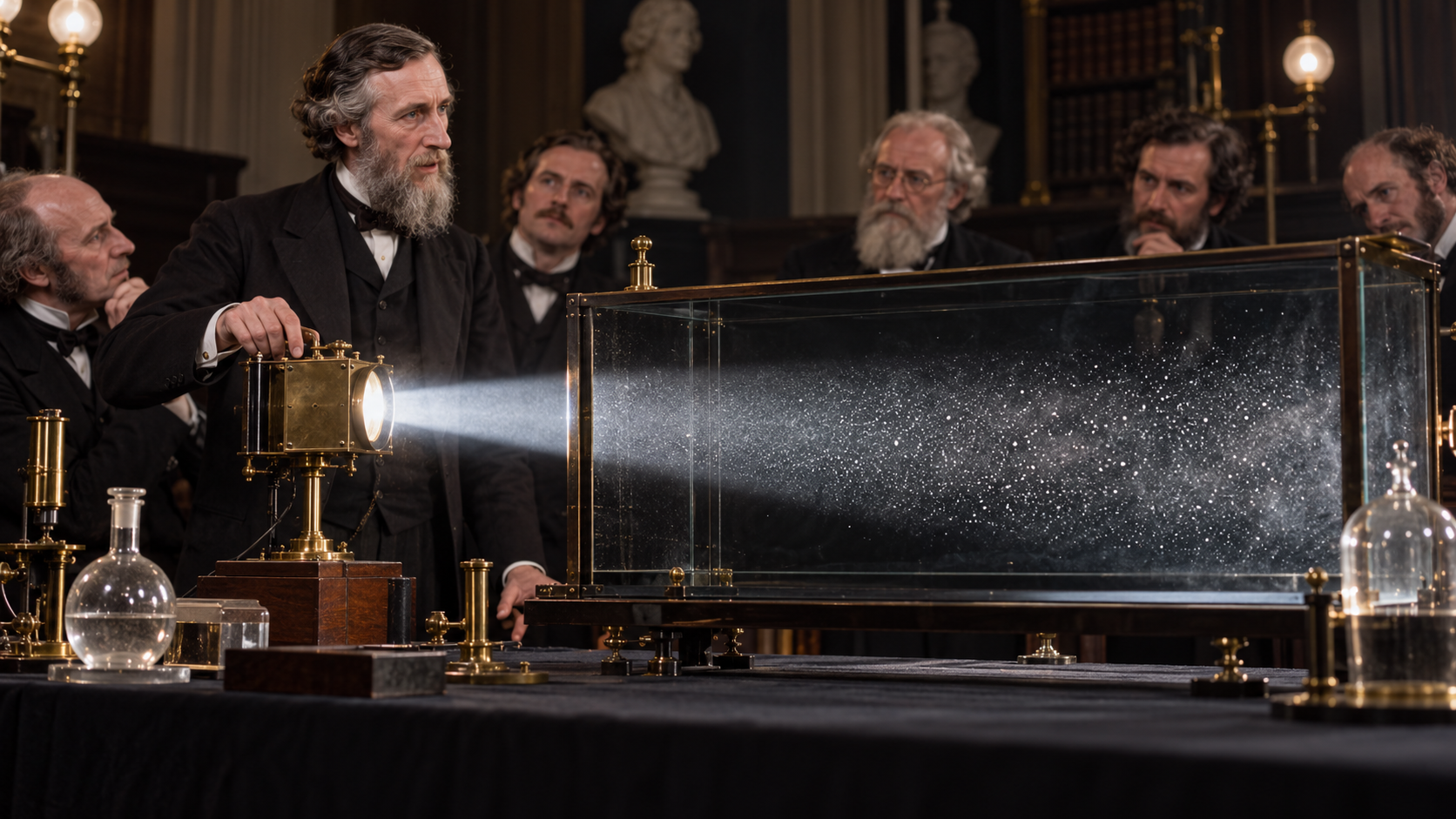 AI-generated reconstruction of John Tyndall demonstrating airborne particles in a nineteenth-century laboratory; not an archival photograph.
