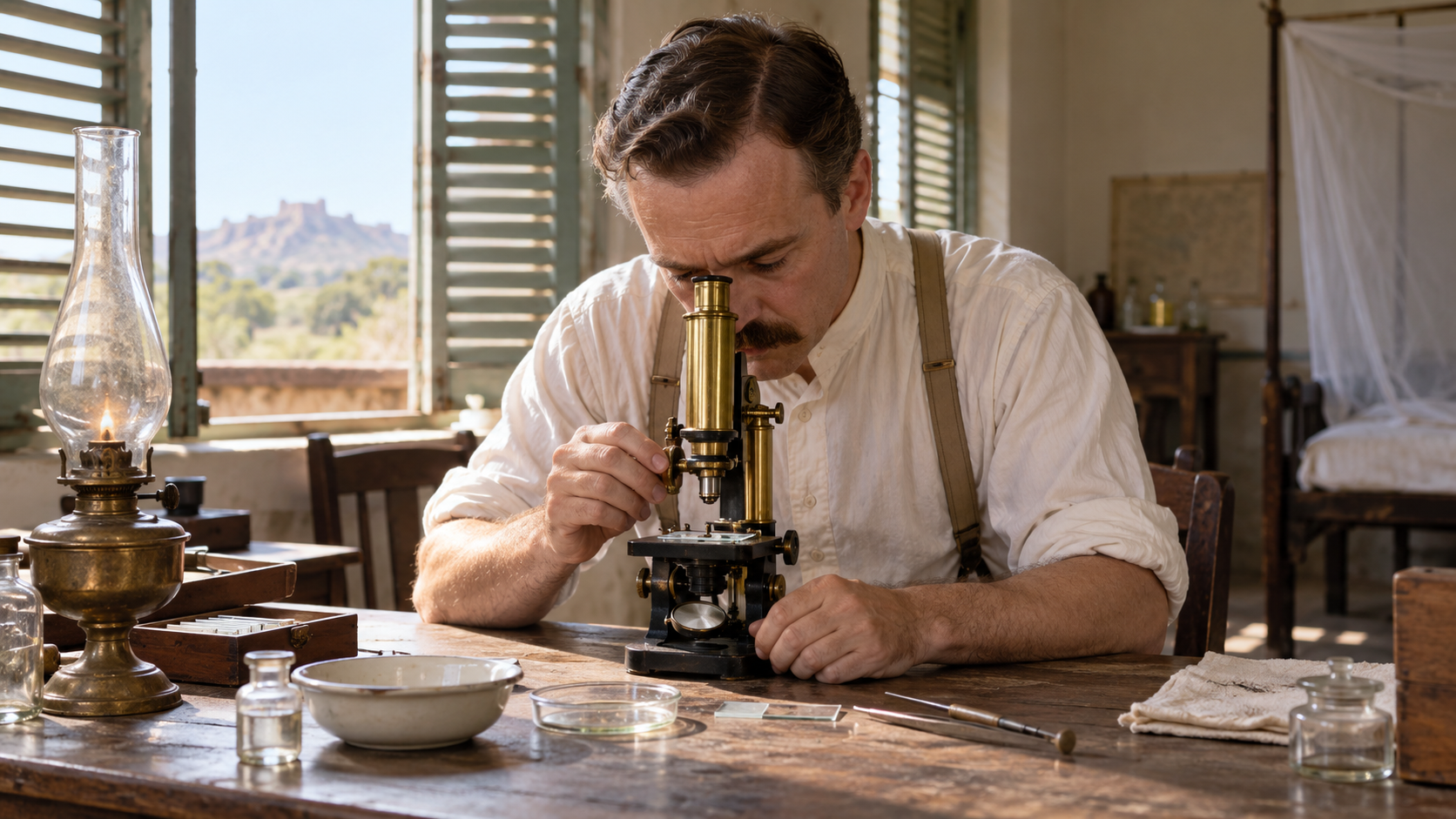 AI-generated reconstruction of Ronald Ross examining a mosquito specimen in Secunderabad; not an archival photograph.