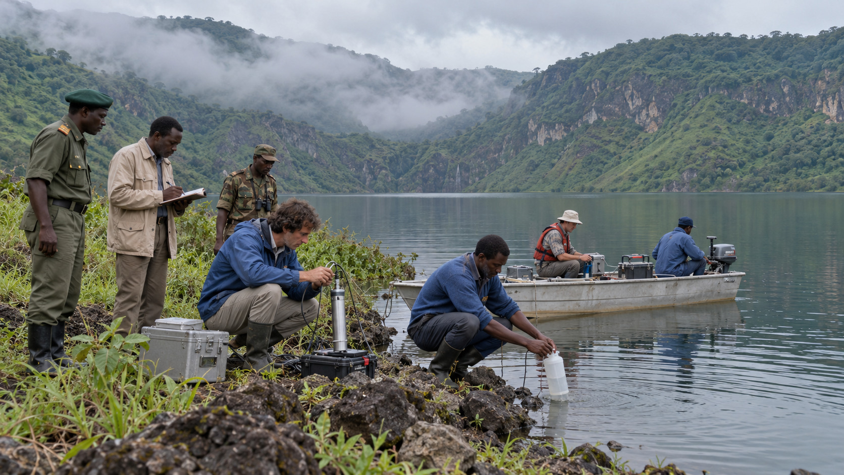 AI-generated reconstruction of emergency investigators at Lake Nyos after the 1986 gas disaster; not an archival photograph.