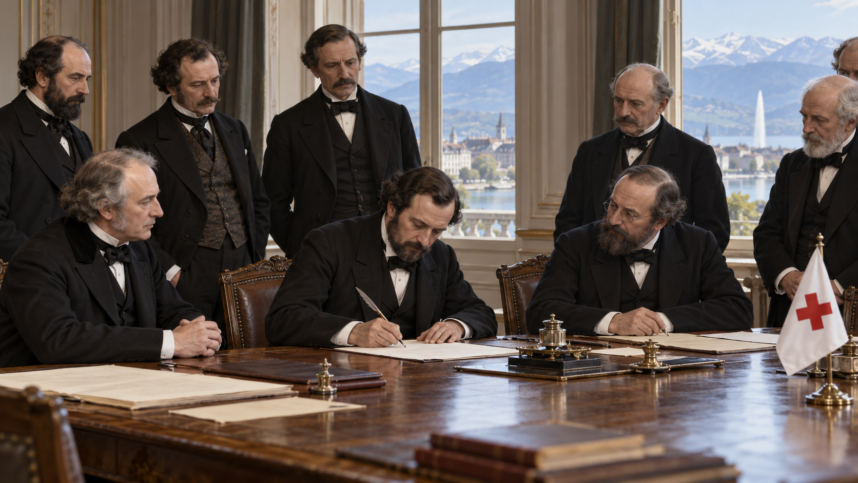 AI-generated reconstruction of delegates adopting the first Geneva Convention in 1864; not an archival photograph.