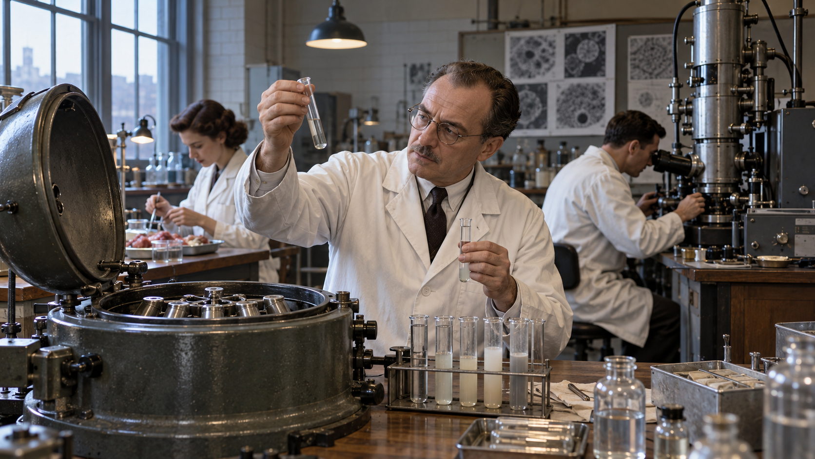 AI-generated reconstruction of Albert Claude using early cell-biology equipment at Rockefeller Institute; not an archival photograph.