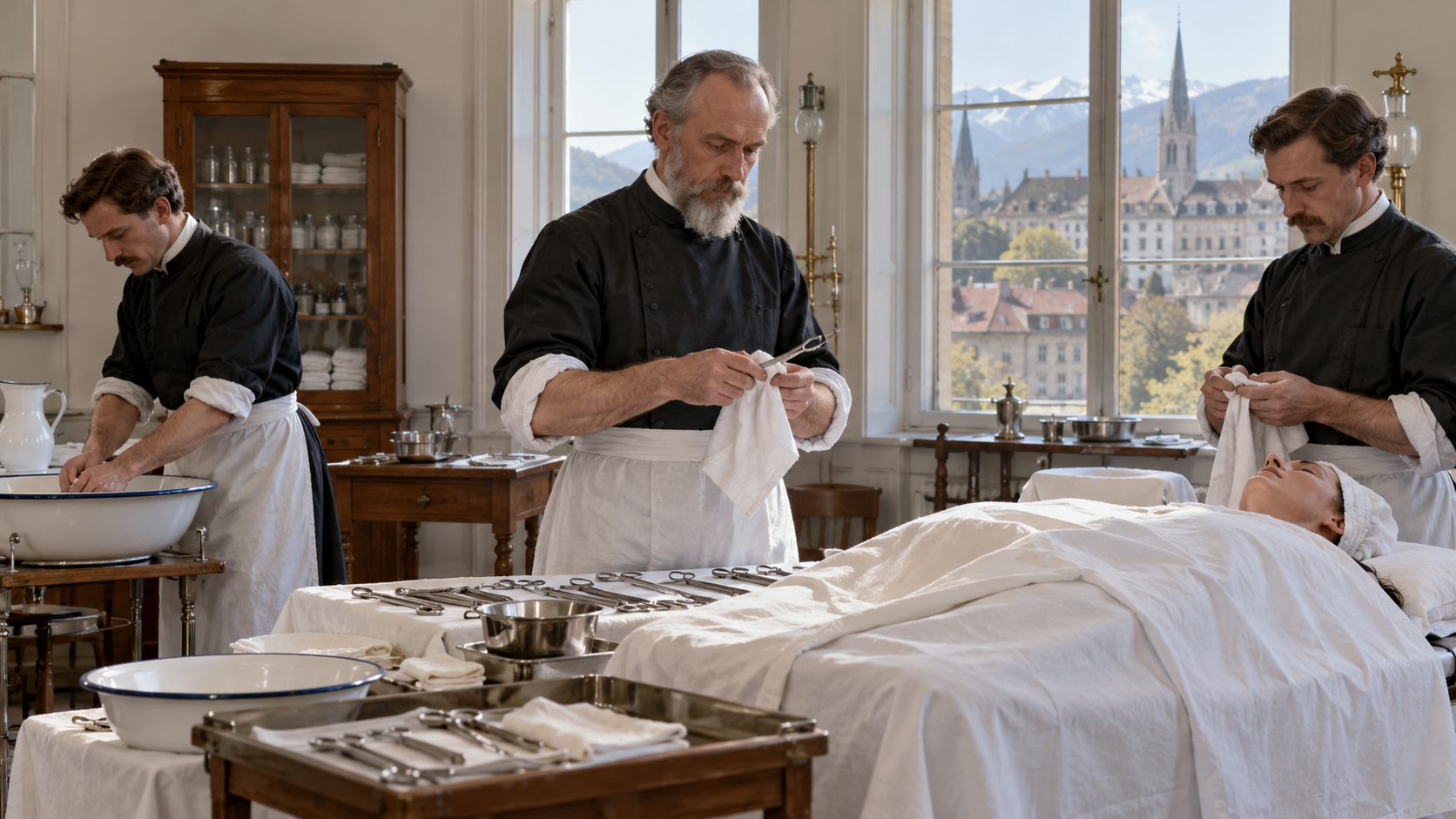AI-generated reconstruction of Theodor Kocher preparing a thyroid operation in Bern; not an archival photograph.