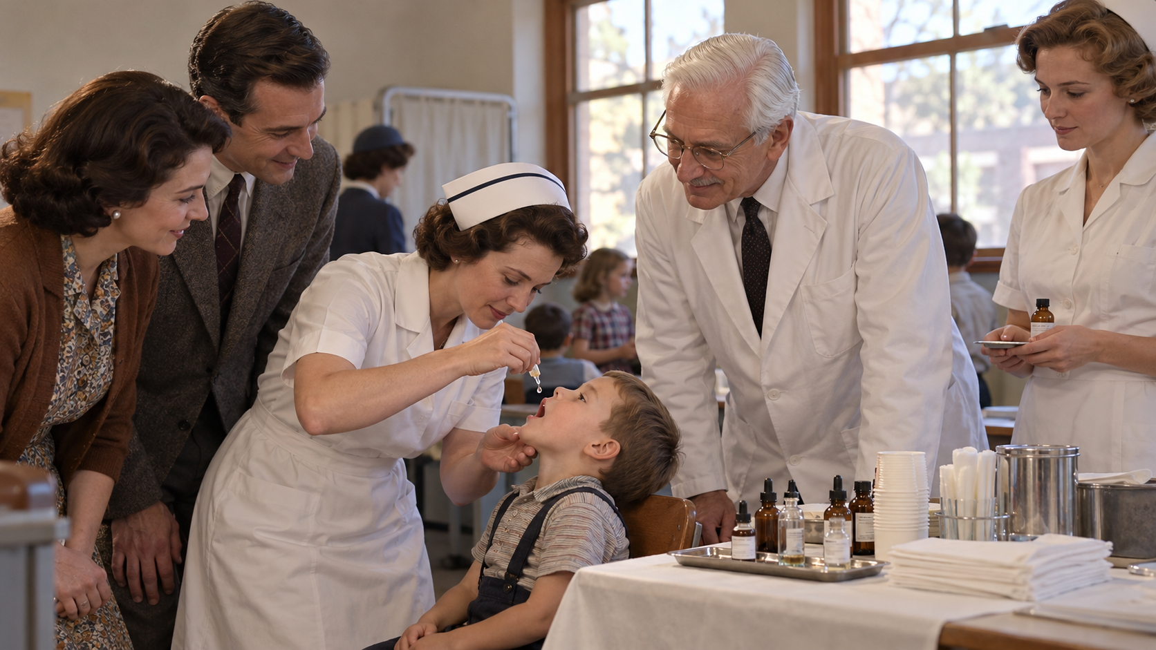 AI-generated reconstruction of Albert Sabin supervising an oral polio vaccination clinic; not an archival photograph.