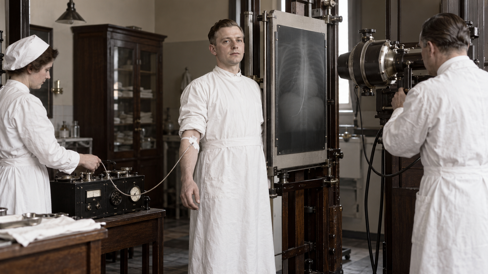 AI-generated reconstruction of Werner Forssmann documenting early heart catheterization in 1929; not an archival photograph.