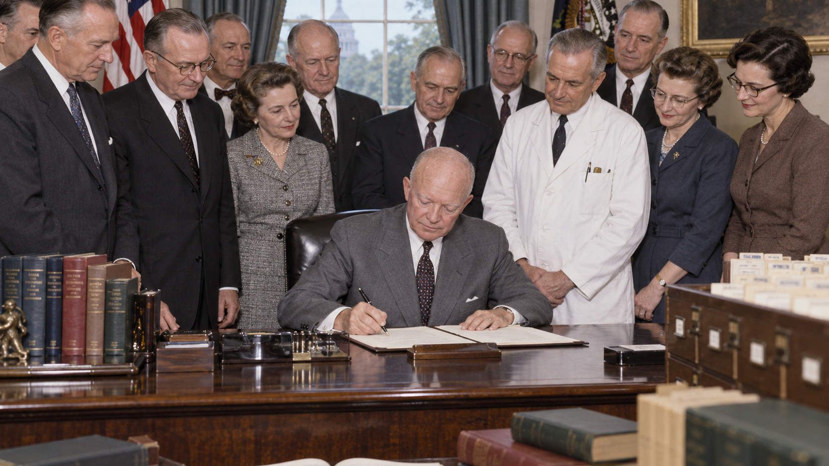 AI-generated reconstruction of the National Library of Medicine Act being signed in 1956; not an archival photograph.