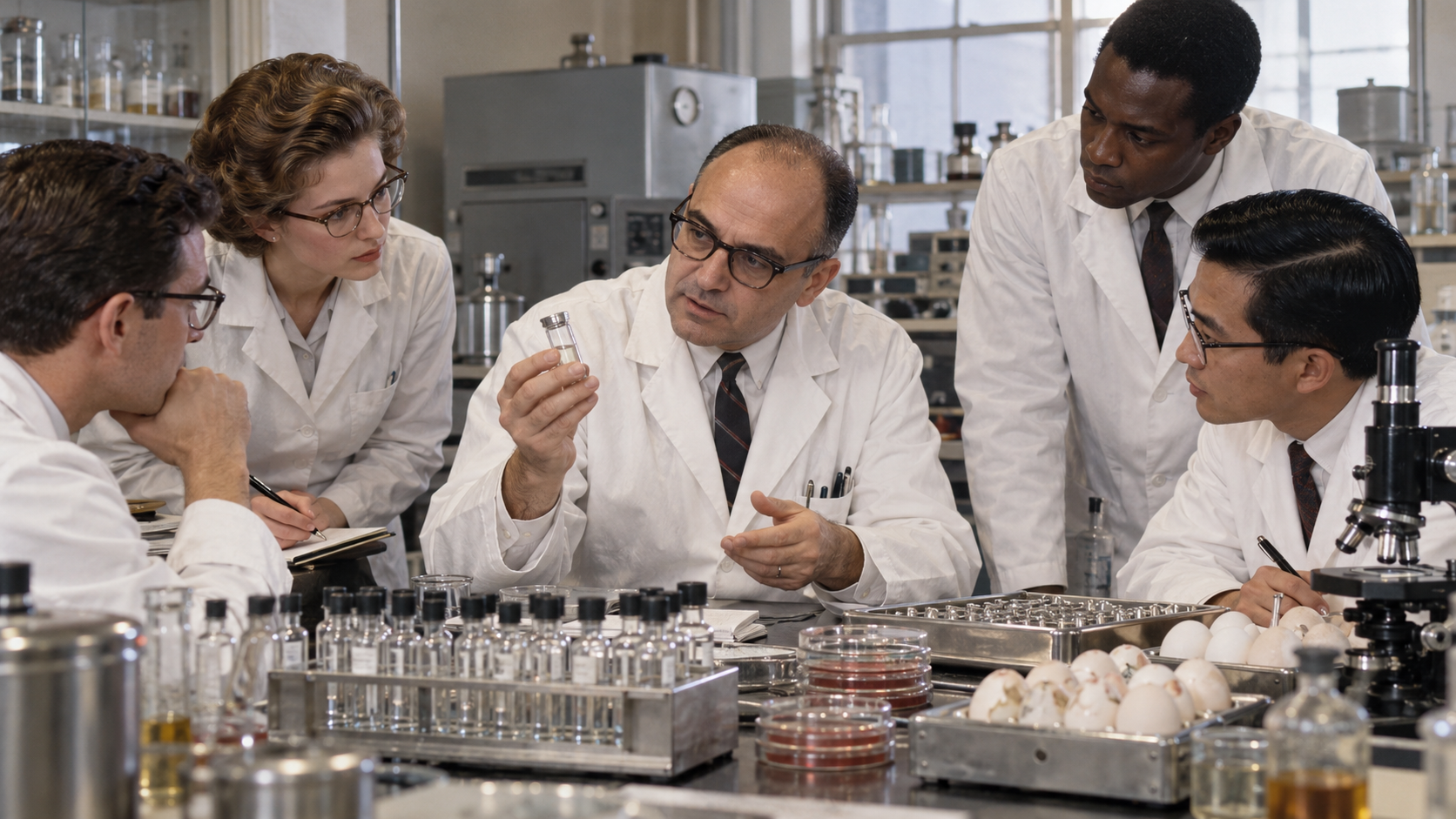 AI-generated reconstruction of Maurice Hilleman leading a mid-century vaccine laboratory; not an archival photograph.
