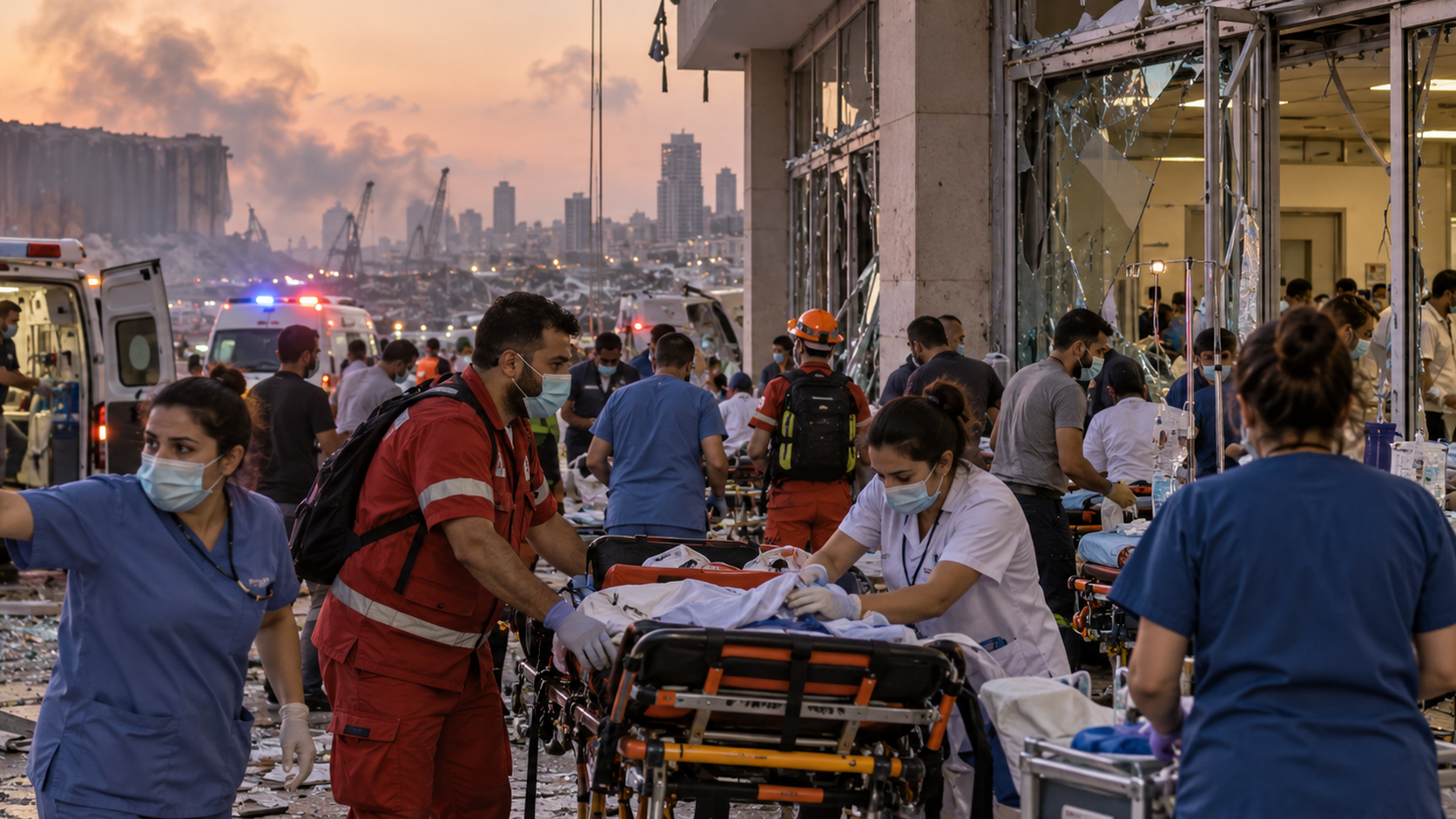 AI-generated reconstruction of emergency medical teams responding after the 2020 Beirut port explosion; not an archival photograph.