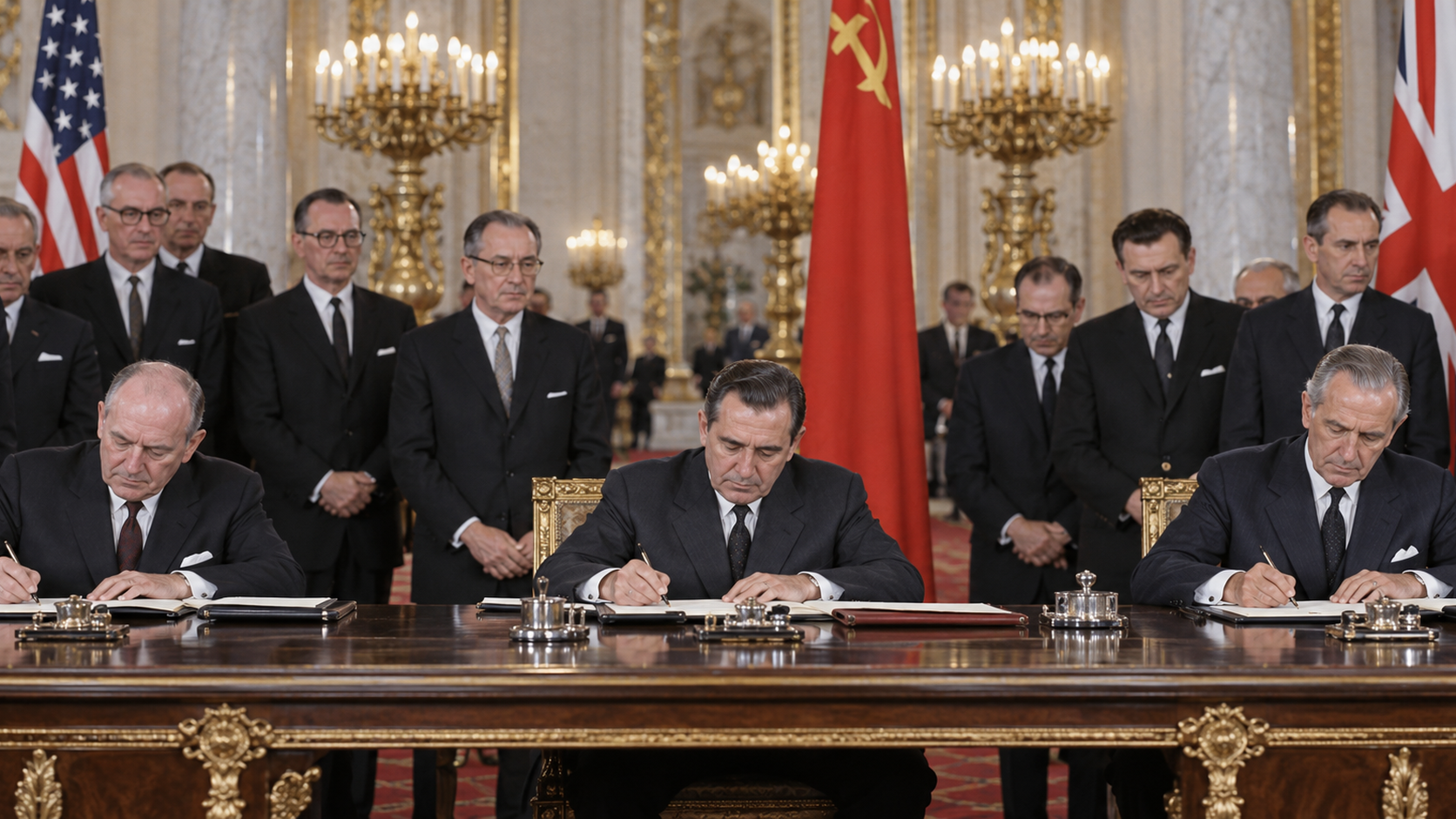 AI-generated reconstruction of the 1963 Limited Test Ban Treaty signing in Moscow; not an archival photograph.