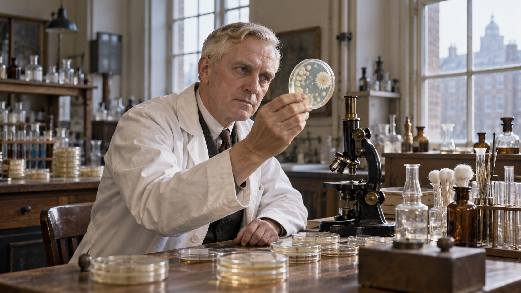 AI-generated reconstruction of Alexander Fleming examining bacterial cultures in his laboratory; not an archival photograph.