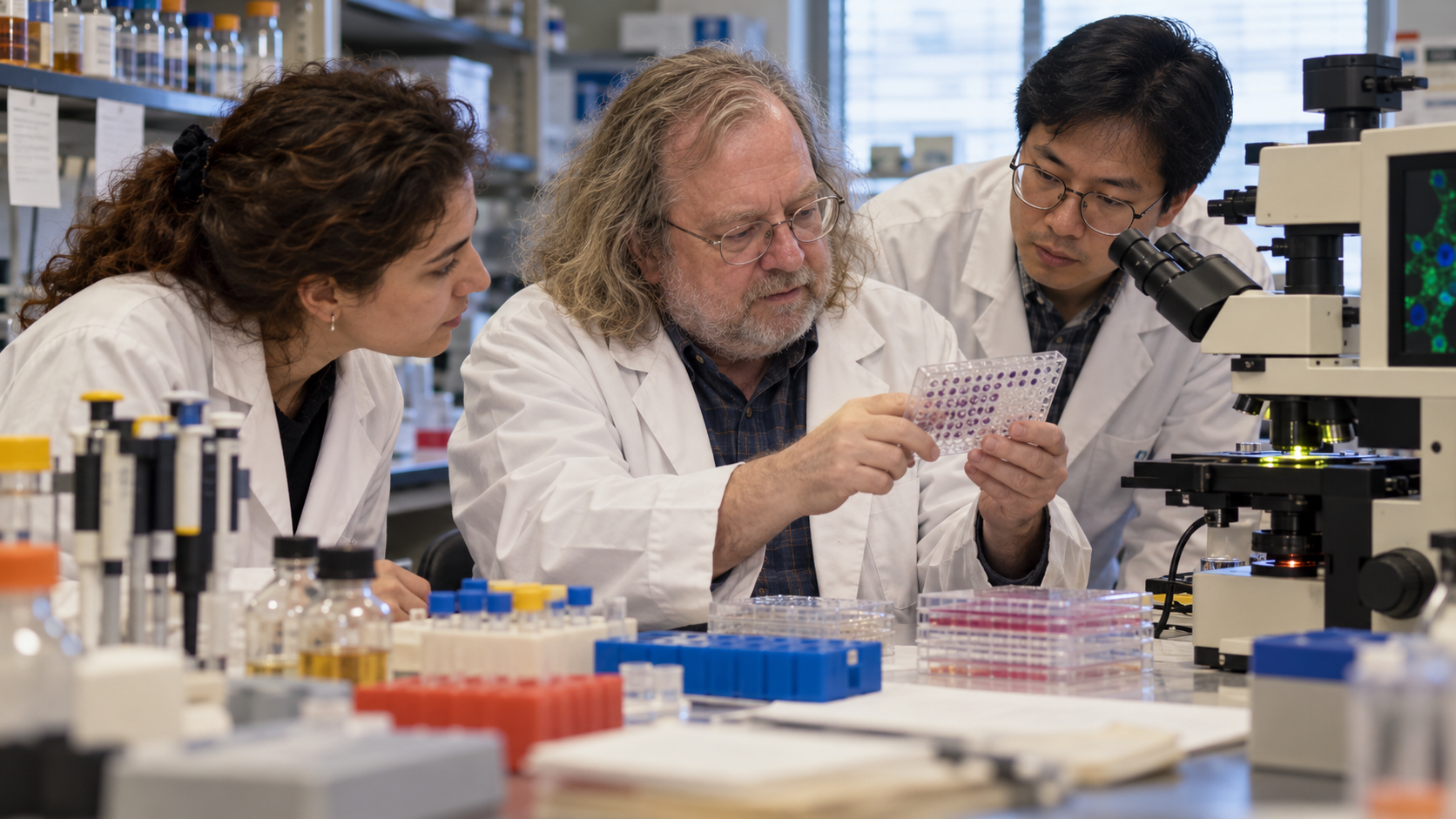 AI-generated reconstruction of James Allison and researchers studying T-cell immune responses; not an archival photograph.