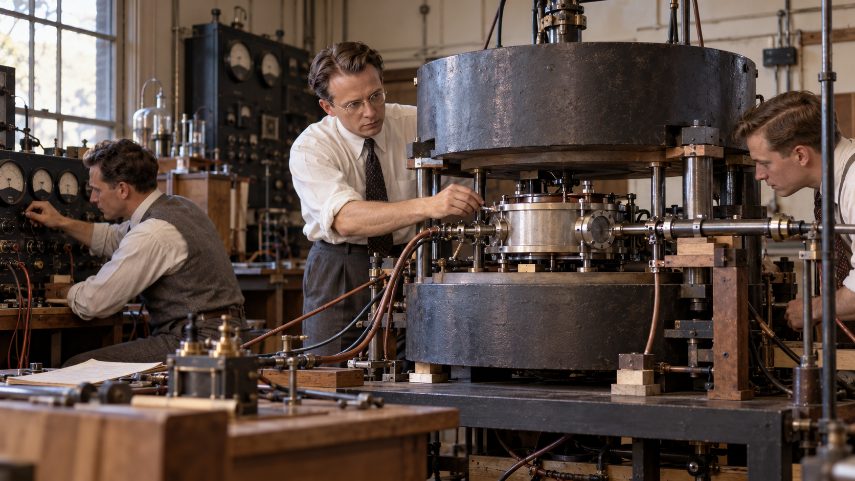 AI-generated reconstruction of Ernest Lawrence and colleagues operating an early cyclotron; not an archival photograph.