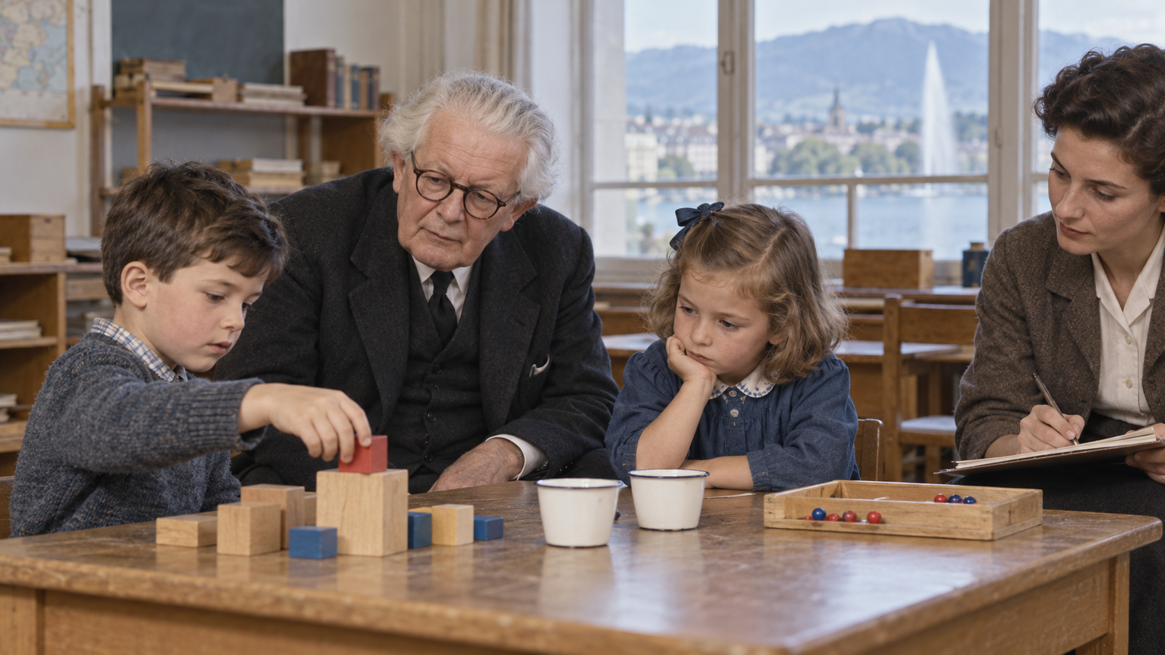 AI-generated reconstruction of Jean Piaget observing children complete a reasoning task; not an archival photograph.