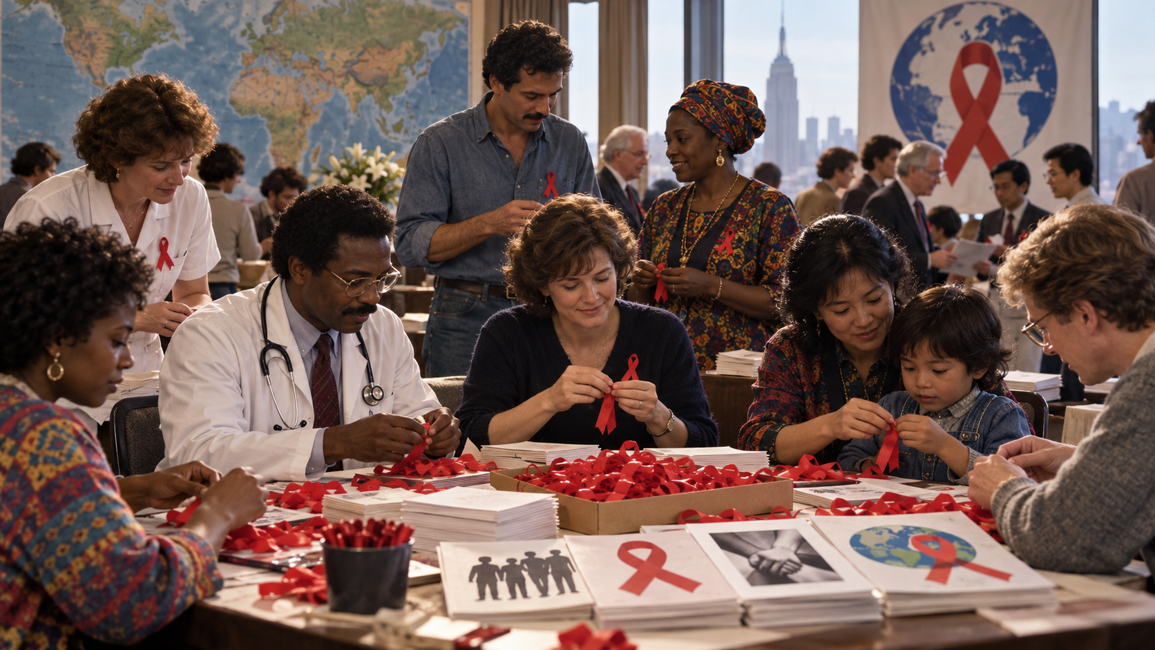 public-health workers and community advocates launching the first World AIDS Day in 1988