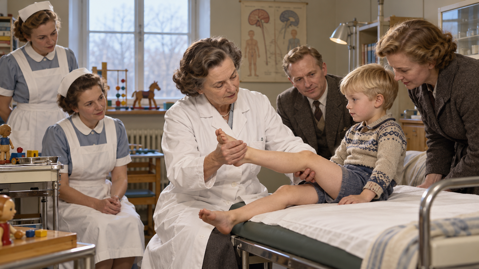 Ingrid Gamstorp examining a child in a Swedish pediatric neurology clinic