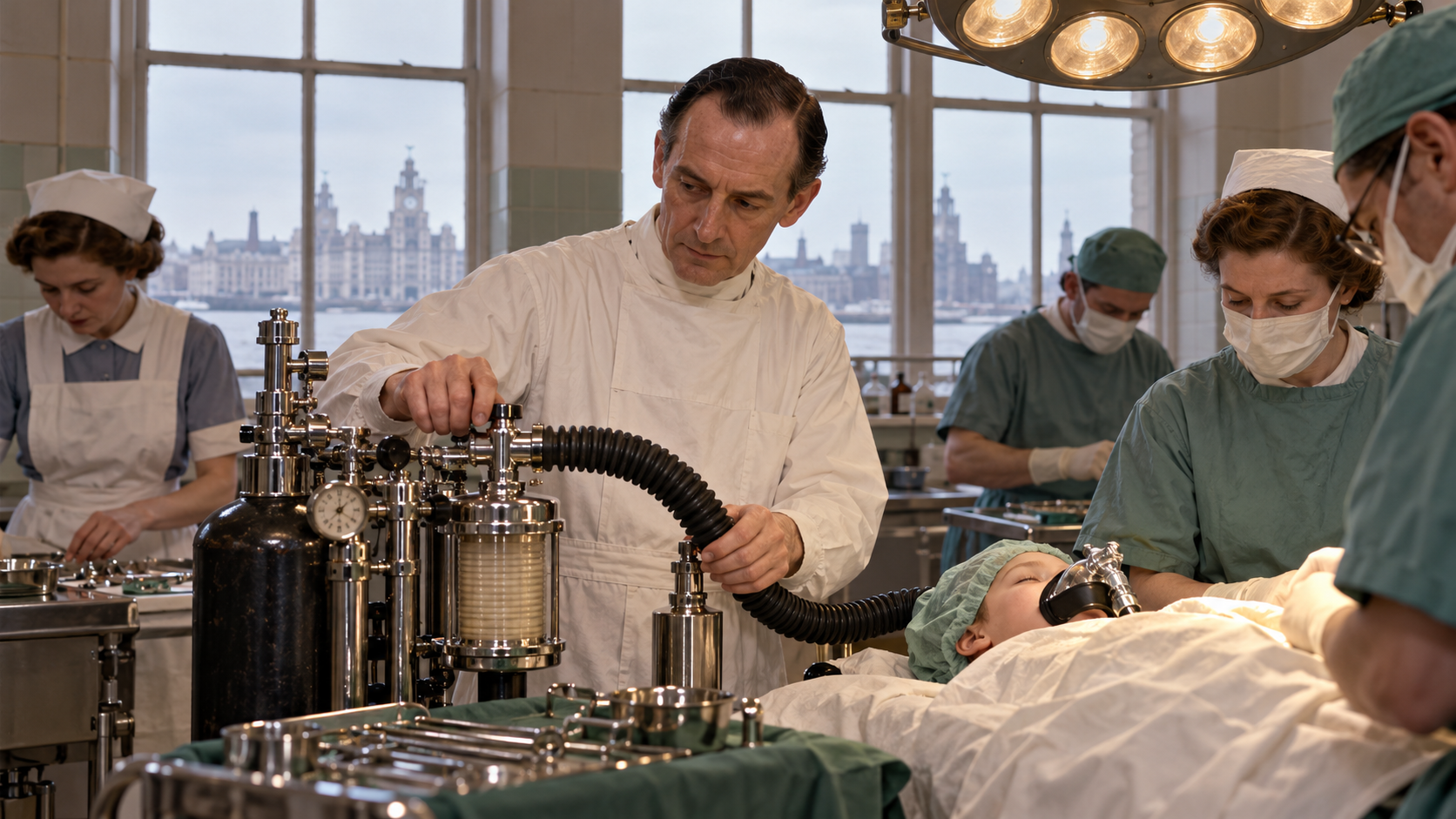 Gordon Jackson Rees managing anesthesia for a child in a mid-century operating theatre