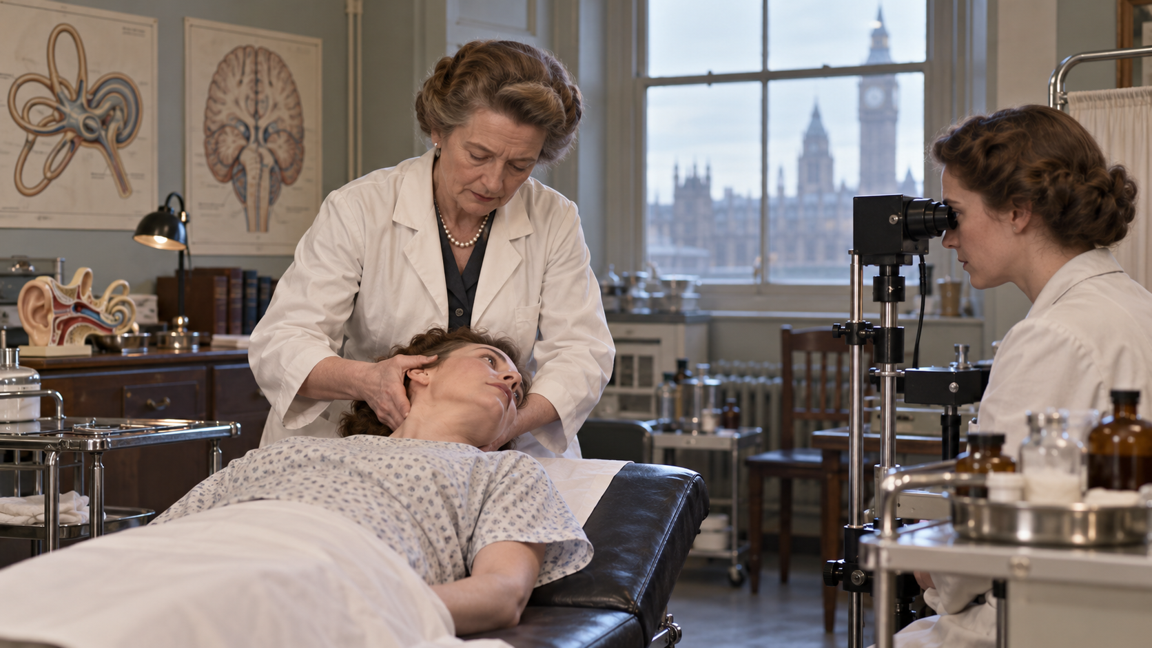 Margaret Dix performing a positional balance examination in a London clinic