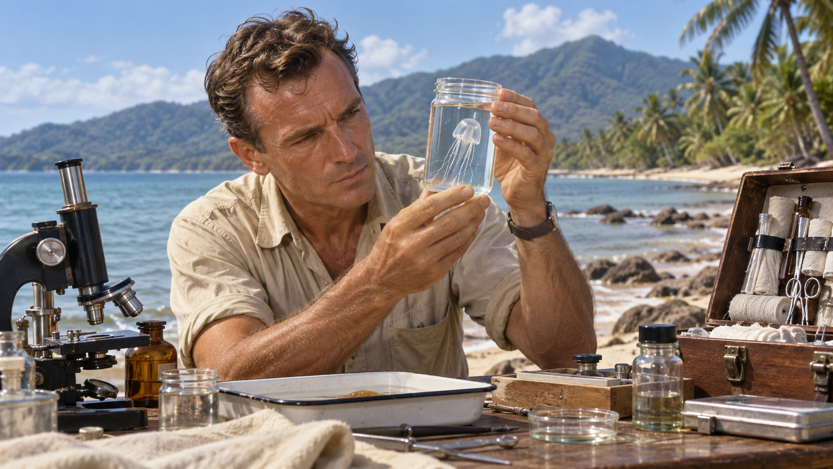 Jack Barnes studying a tiny Irukandji jellyfish at Palm Cove in 1961