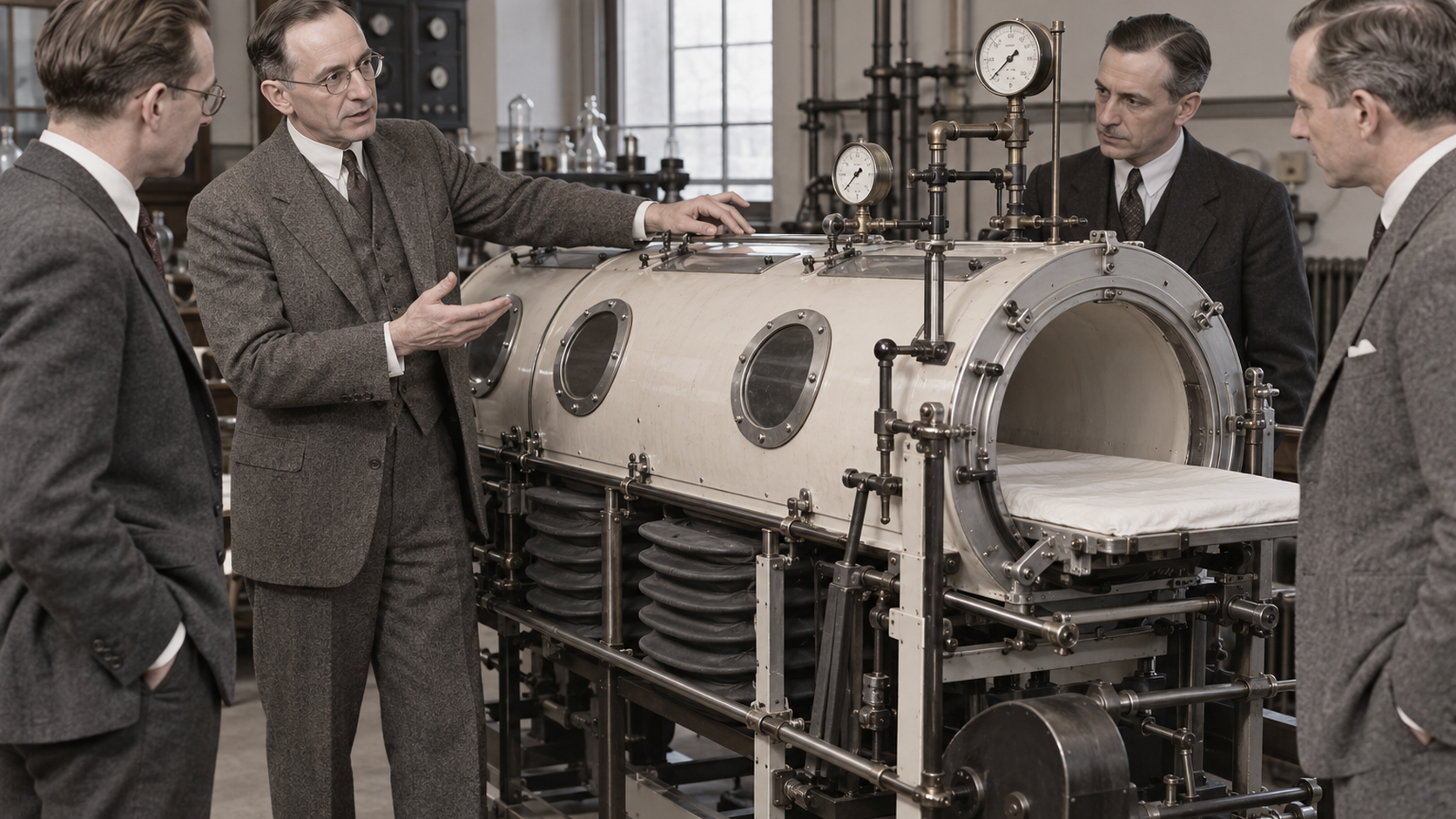 Philip Drinker testing an early tank respirator in a 1920s laboratory