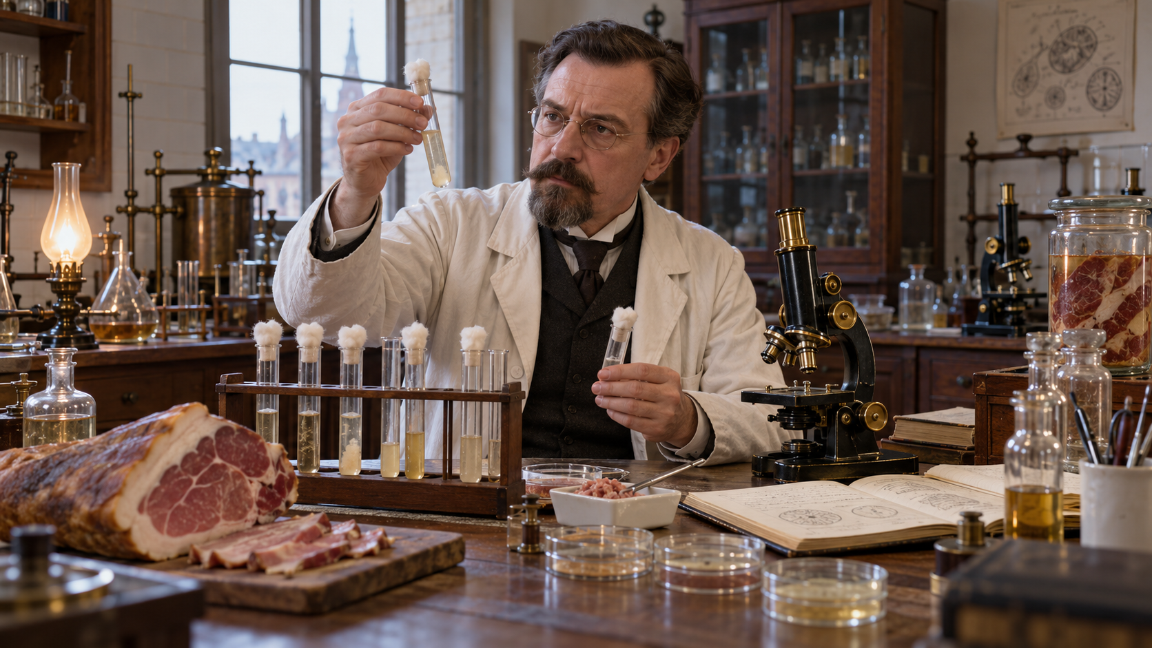 Emile van Ermengem investigating contaminated ham after the 1895 Ellezelles botulism outbreak
