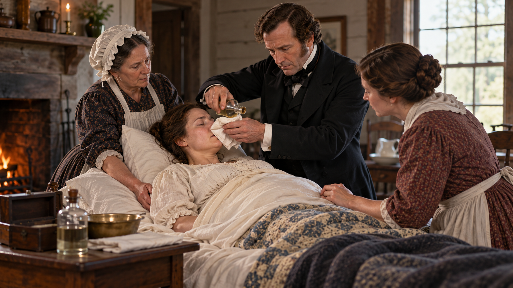 Crawford Long administering ether analgesia during childbirth in 1845 Georgia