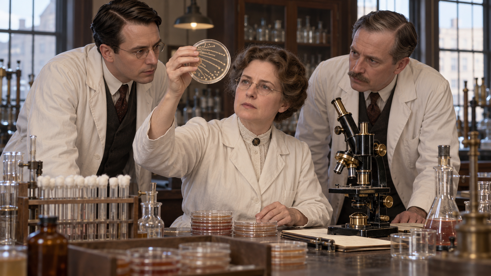 Gladys Dick conducting scarlet fever research in an early twentieth-century laboratory