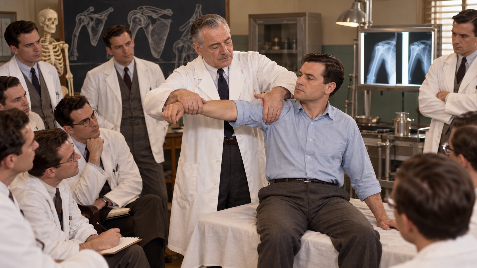 Henry Milch demonstrating a shoulder reduction technique in a mid-century hospital