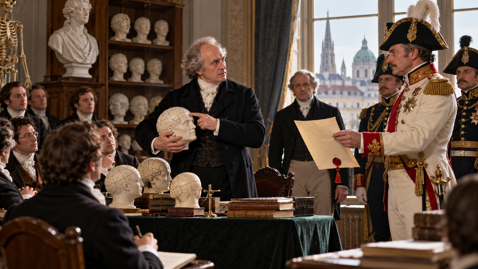 Franz Joseph Gall lecturing on brain anatomy in Vienna as imperial officials intervene