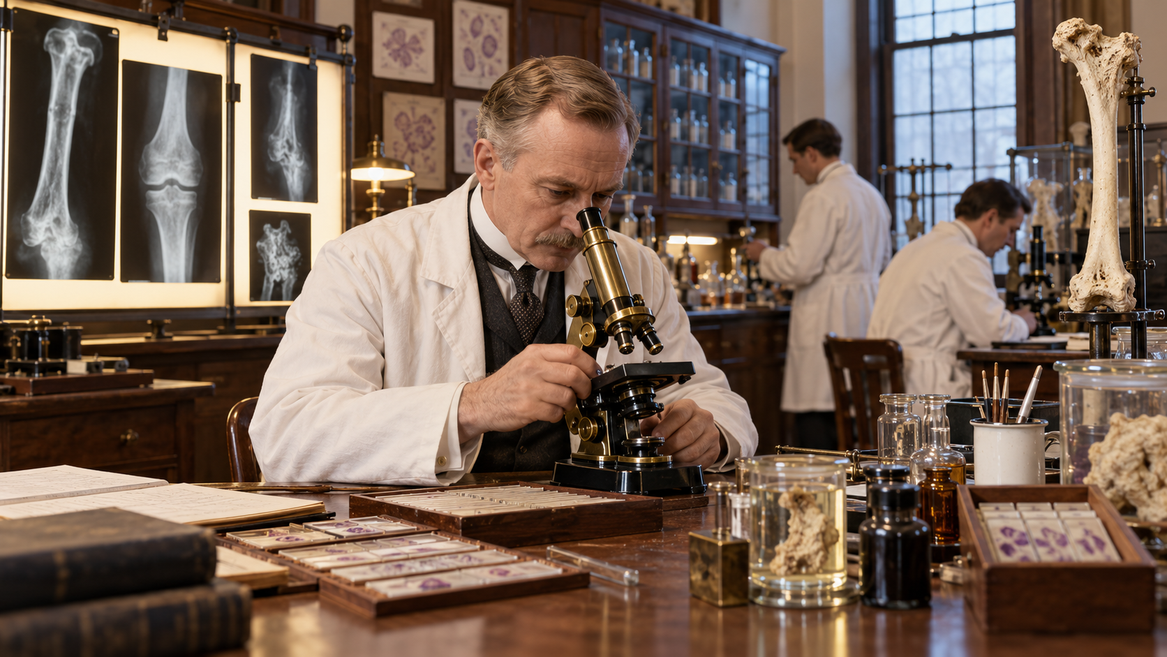 James Ewing examining tumor slides in an early twentieth-century cancer laboratory