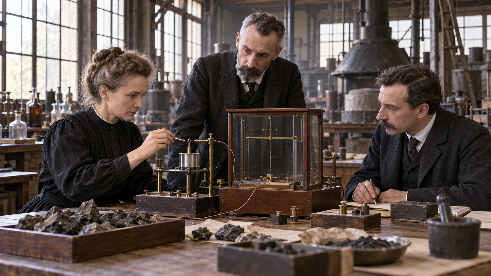 Marie and Pierre Curie isolating radioactive material in a Paris laboratory in 1898