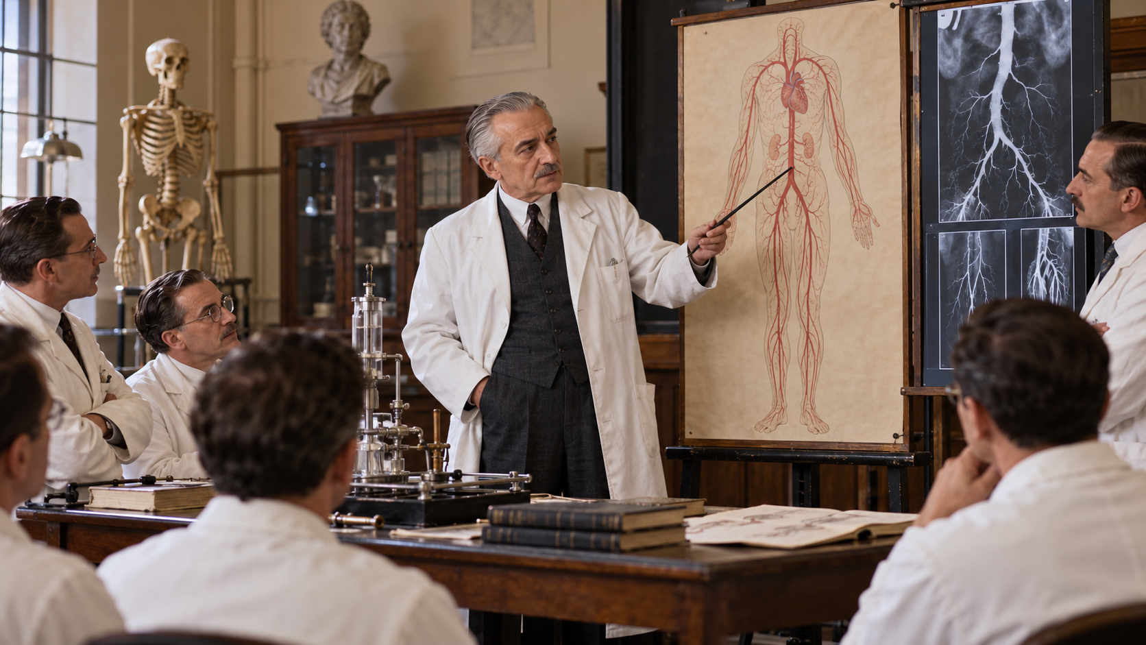 Rene Leriche teaching vascular surgery and arterial anatomy in a French hospital