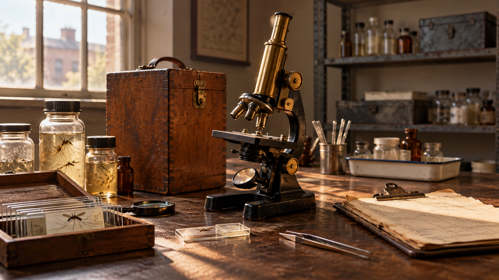 AI-generated reconstruction of a 1946 public-health laboratory with a period microscope and mosquito specimens; not an archival photograph.
