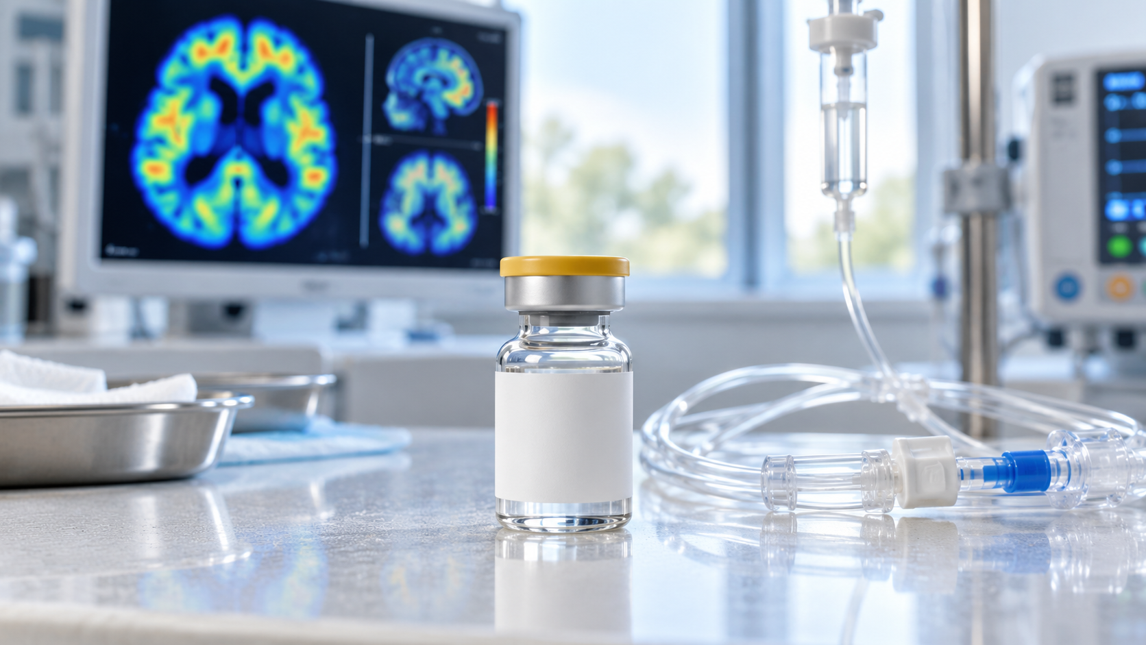 AI-generated representative reconstruction of an unbranded infusion vial beside IV tubing and an abstract brain scan; not a product photograph.