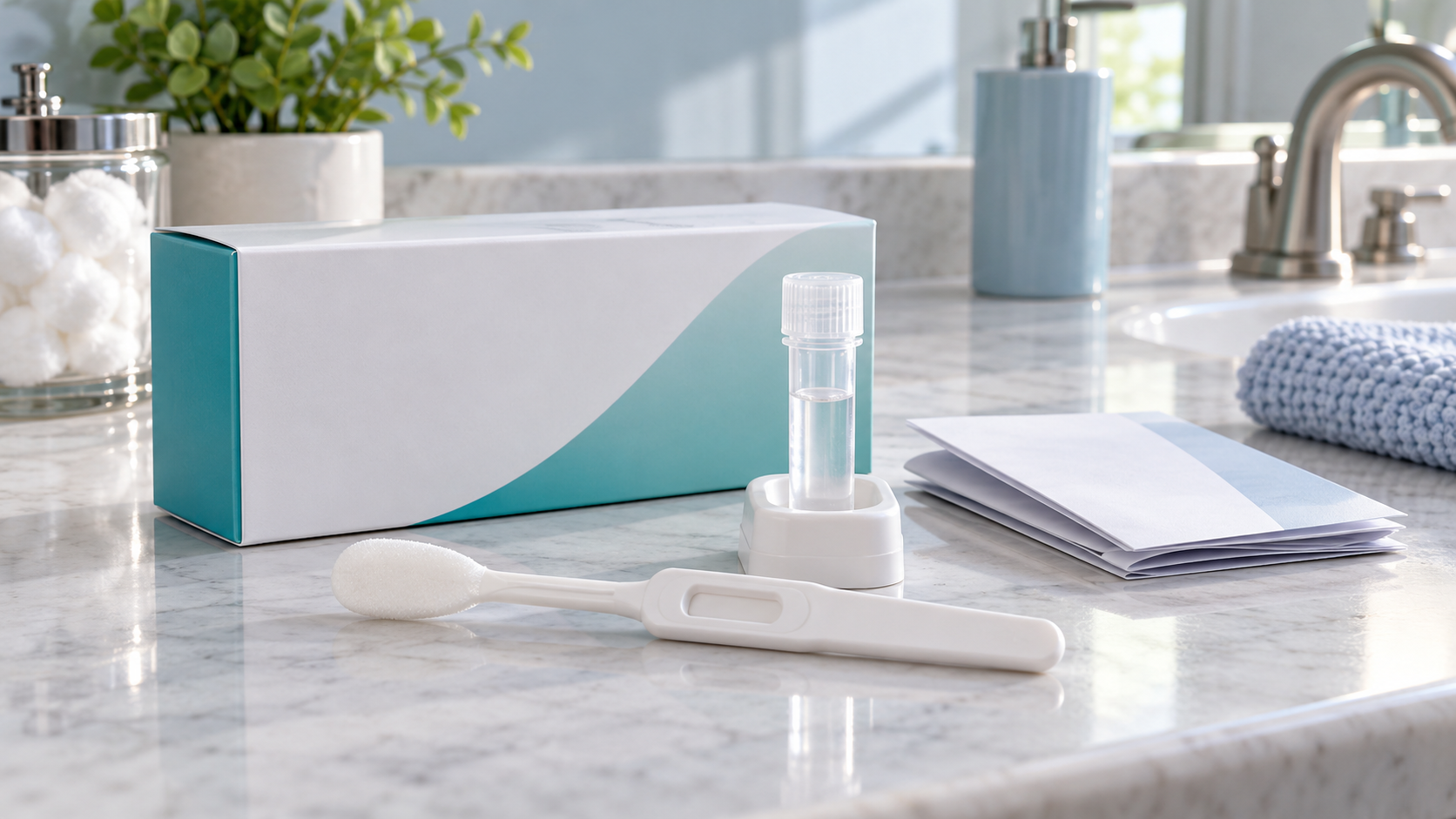 AI-generated representative reconstruction of an unbranded oral-fluid home test, developer vial, and plain kit box; not a product photograph.