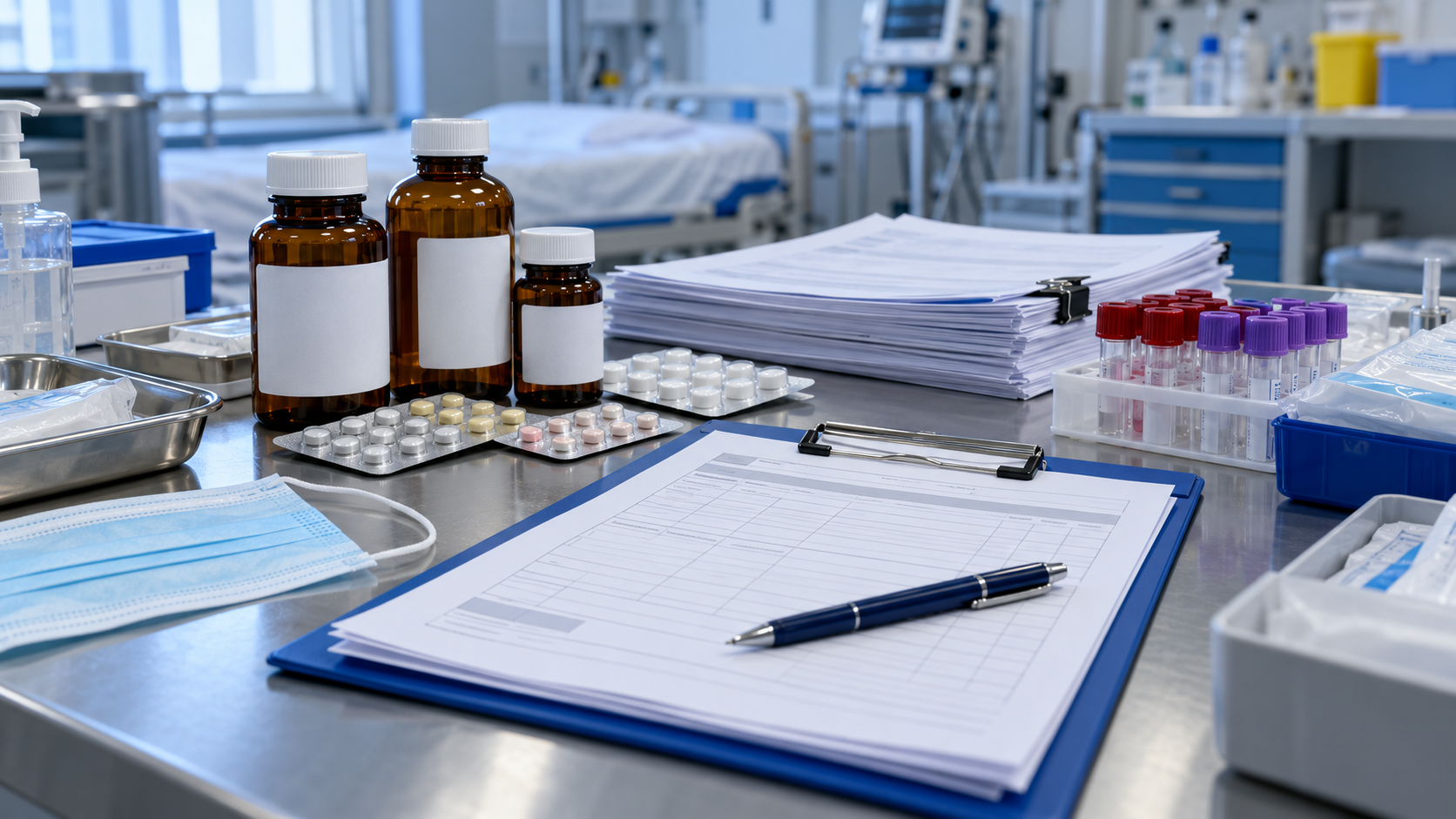 AI-generated reconstruction of a pandemic-era clinical-trial worktable with blank medicine containers and case forms; not an archival photograph.