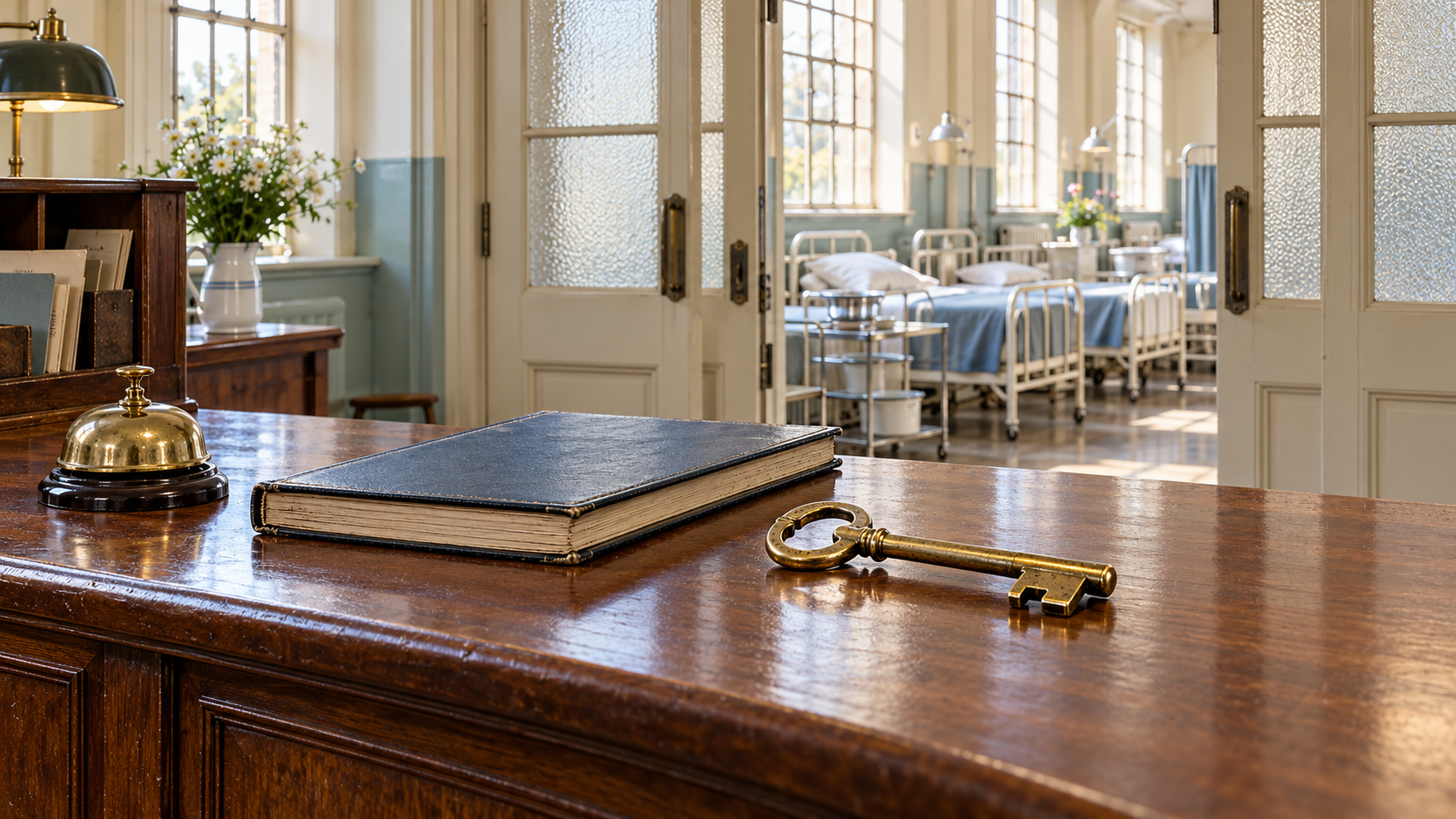AI-generated reconstruction of a 1948 British hospital admissions desk with a symbolic brass key and ward beyond; not an archival photograph.