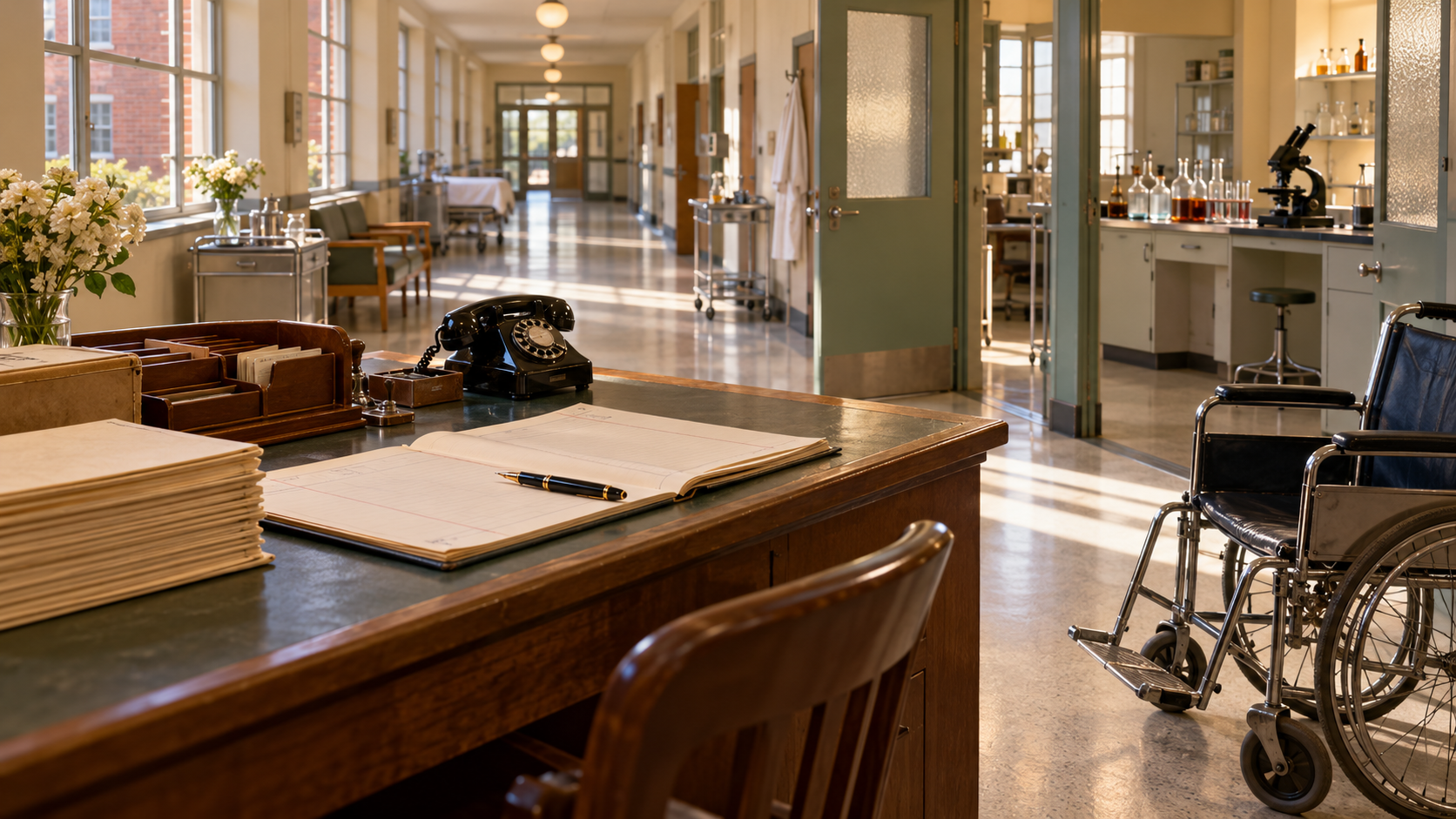 AI-generated reconstruction of a 1953 clinical research hospital admitting desk and laboratory corridor; not an archival photograph.