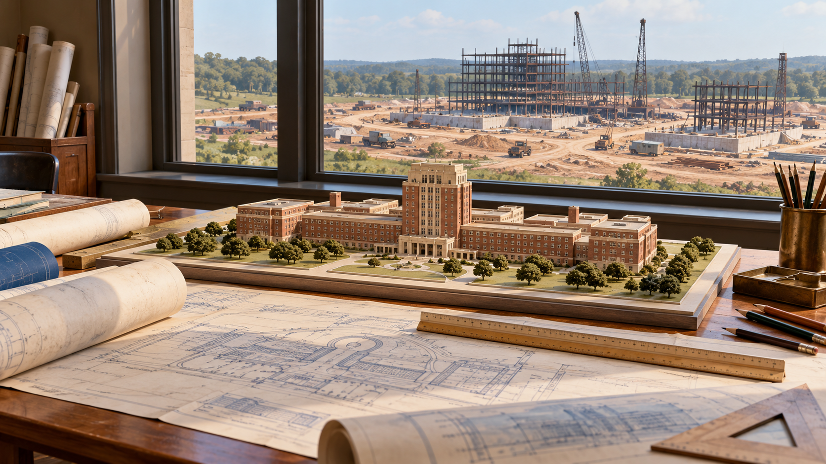 AI-generated reconstruction of late-1940s hospital architects reviewing plans beside an early clinical-research building model; not an archival photograph.
