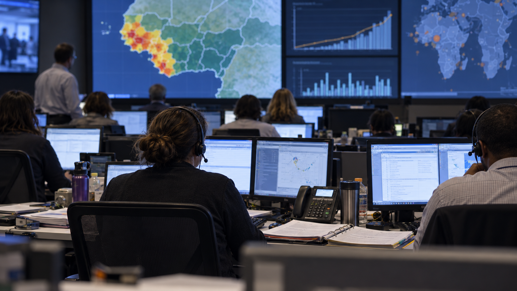 AI-generated reconstruction of a 2014 public-health emergency operations room tracking an Ebola response; not an archival photograph.