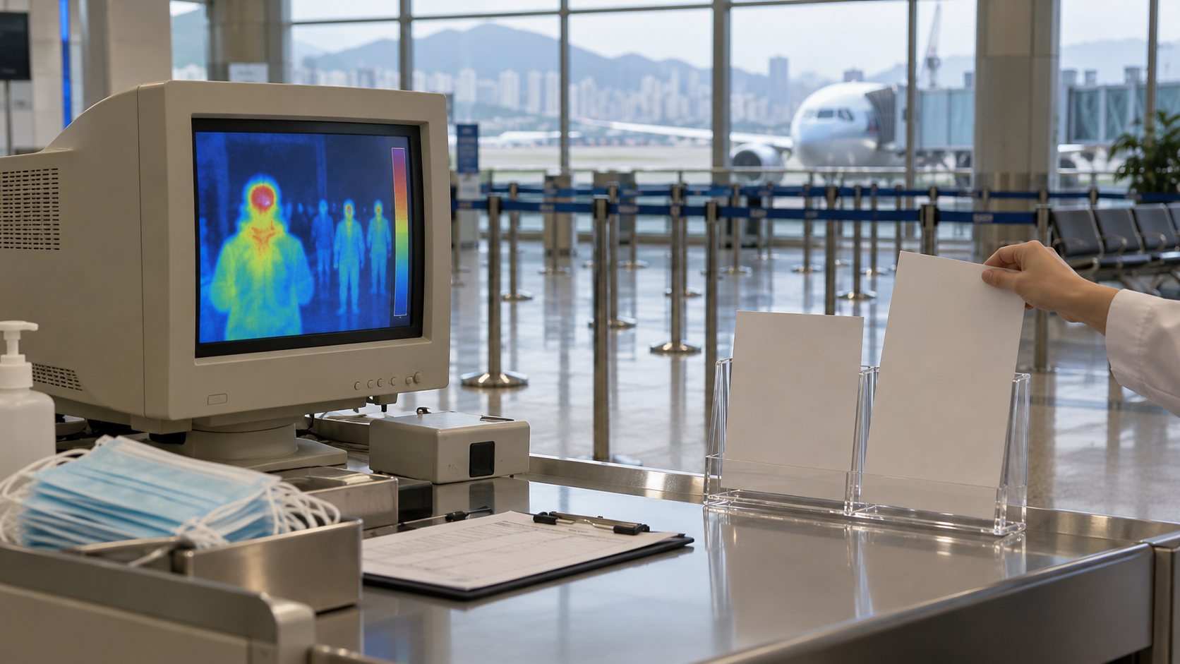 AI-generated reconstruction of a 2003 airport public-health desk closing SARS travel-alert notices; not an archival photograph.