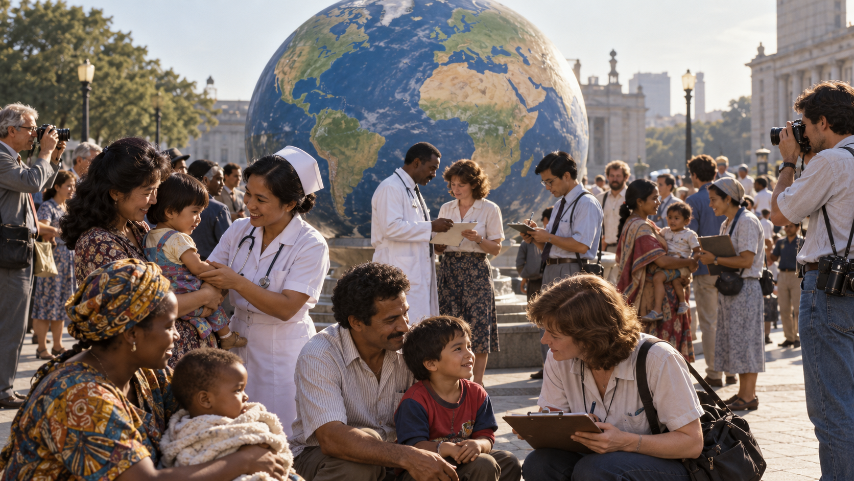 AI-generated reconstruction of families and public-health workers gathering for the 1987 Day of Five Billion; not an archival photograph.